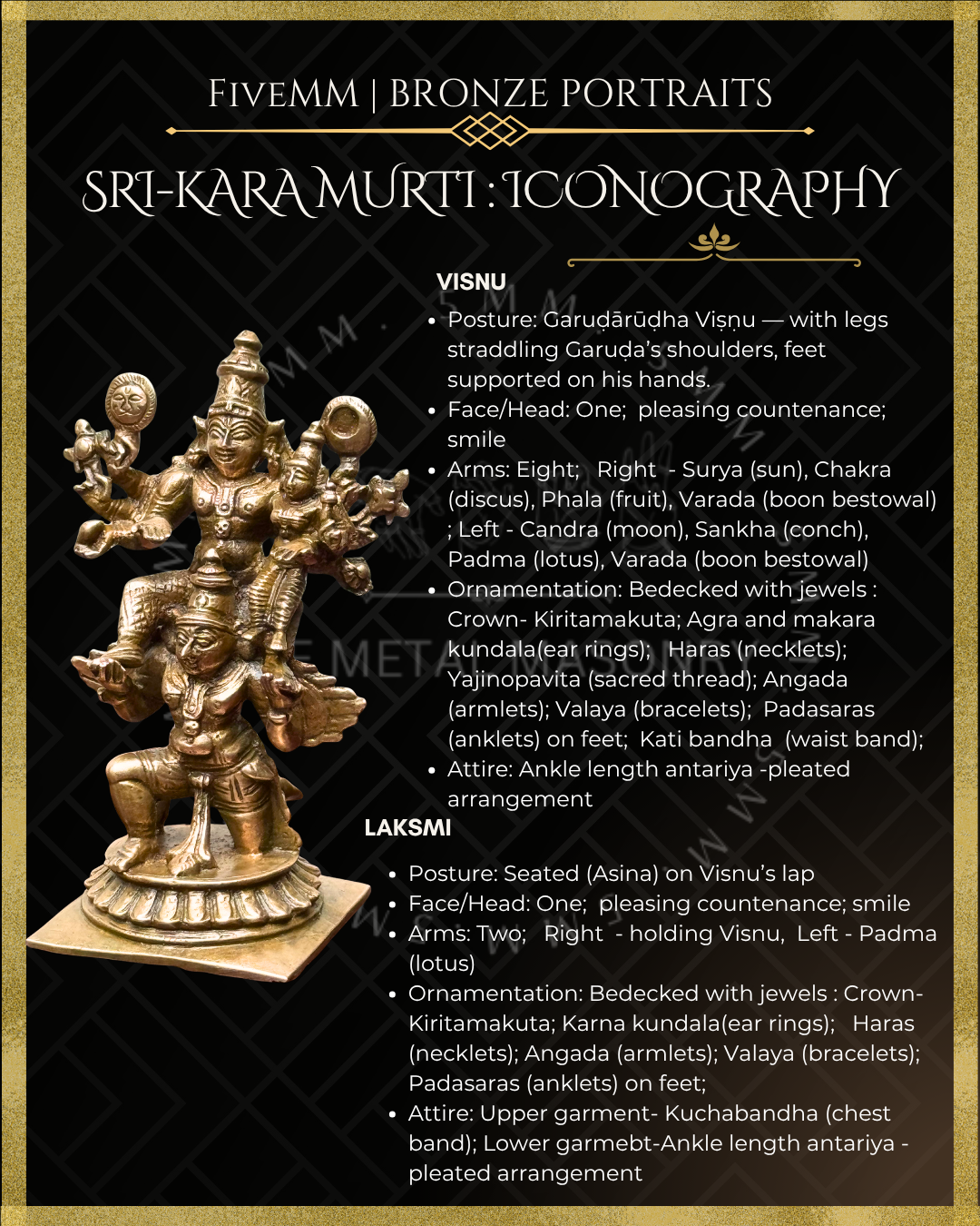Bronze statue of Vishnu with Lakshmi on Garuda with iconography details on a black background