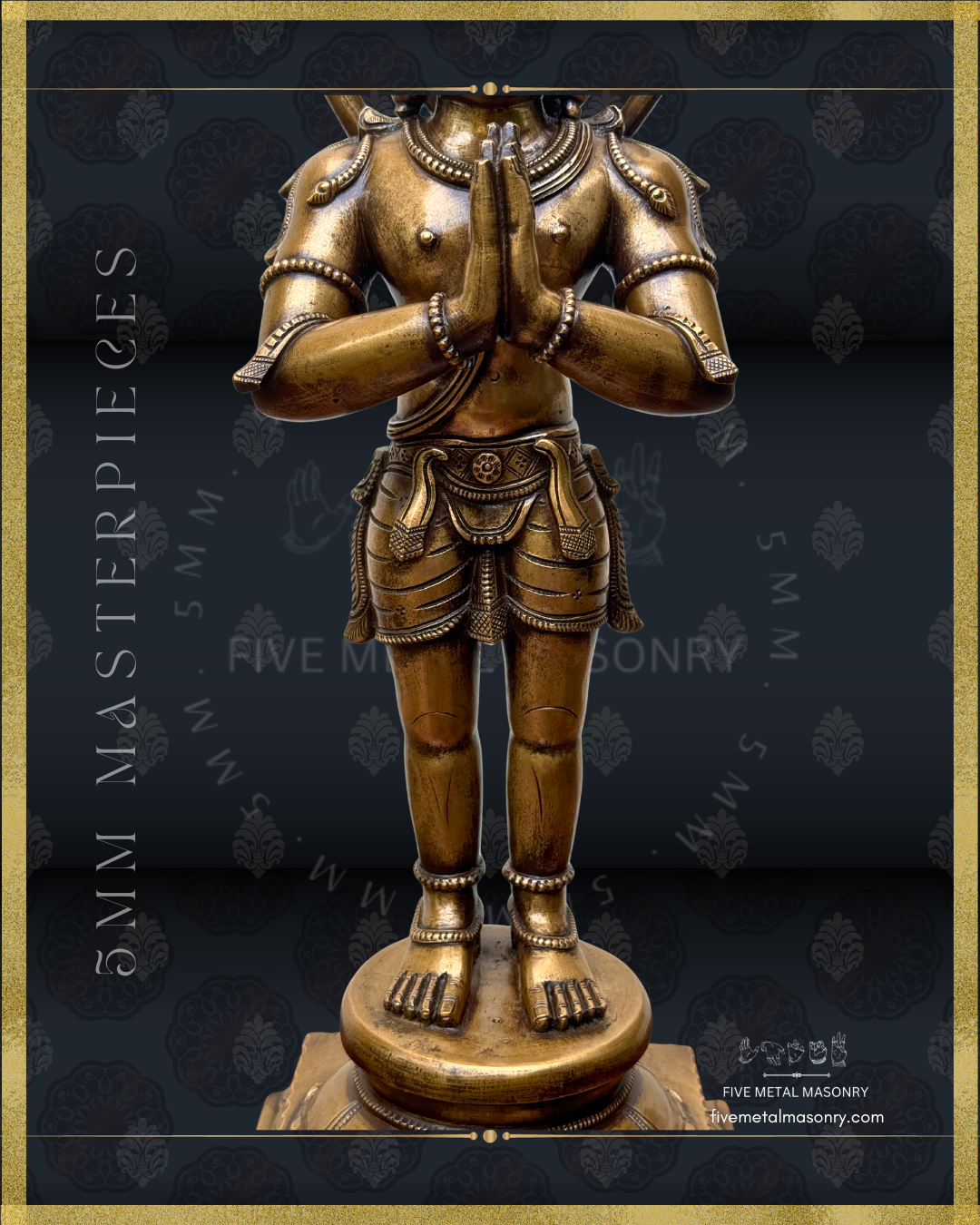 Bronze statue of Hanuman with intricate details on a dark background, featuring the brand 'Five Metal Monarchy'.