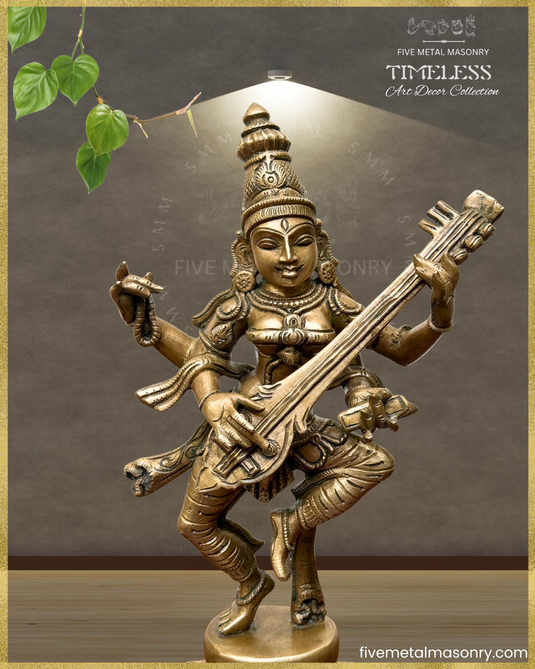 Nartana Saraswati Bronze Panchaloha statue - Timeless Collection – Shilpa Sastra iconography, handcrafted lost wax casting – Close up view
