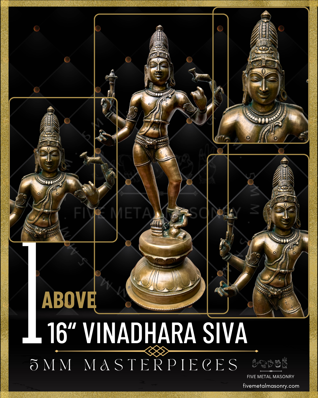 Vinadhara Shiva handcrafted Panchaloha bronze sculpture with jata makuta, four-armed form holding parashu and mrga, lower hands posed to bear vina, standing with one foot upon Apasmara, from the Masterpieces collection inspired by South Indian Chola iconographic traditions.