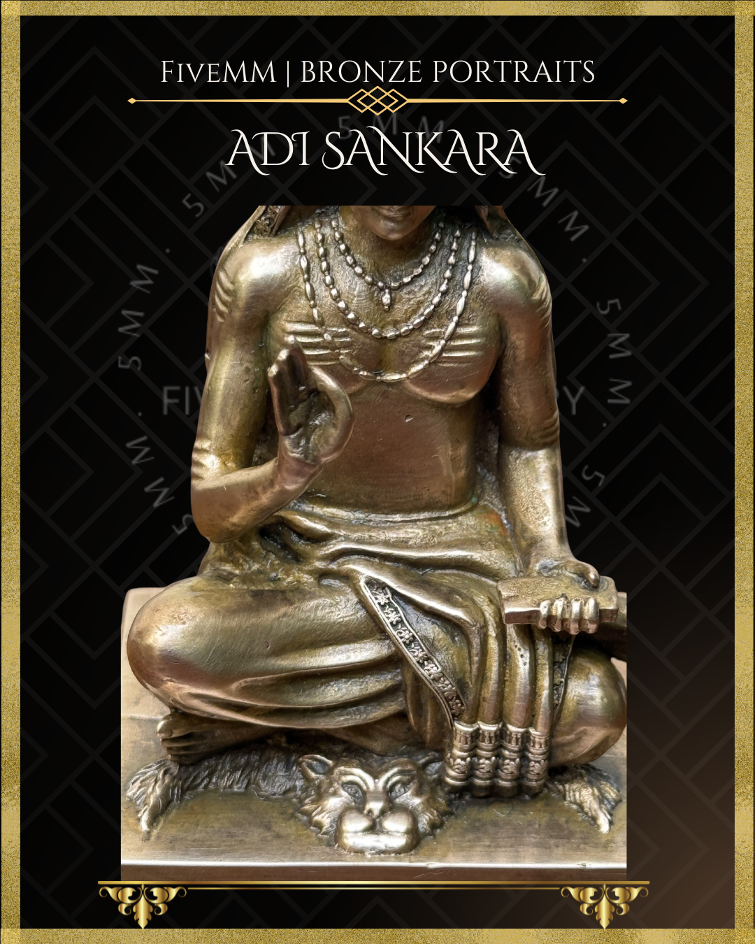Closeup view of lower part of Handcrafted Panchaloha bronze icon of Adi Shankara seated on a tiger skin, holding a Danda and palm leaf manuscript, with Jnana Mudra and layered necklaces, sacred thread, and simple ascetic attire with finely rendered pleats.