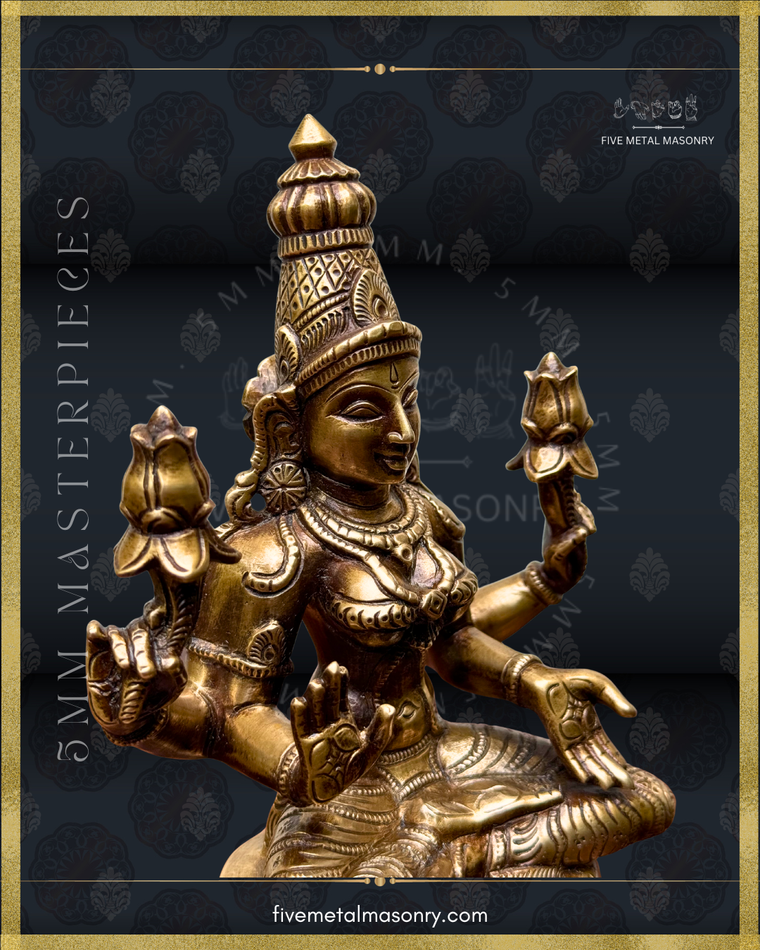 Lakshmi panchaloha bronze statue with intricate detailing and exquisite workmanship on a black background with Five Metal Masonry branding.