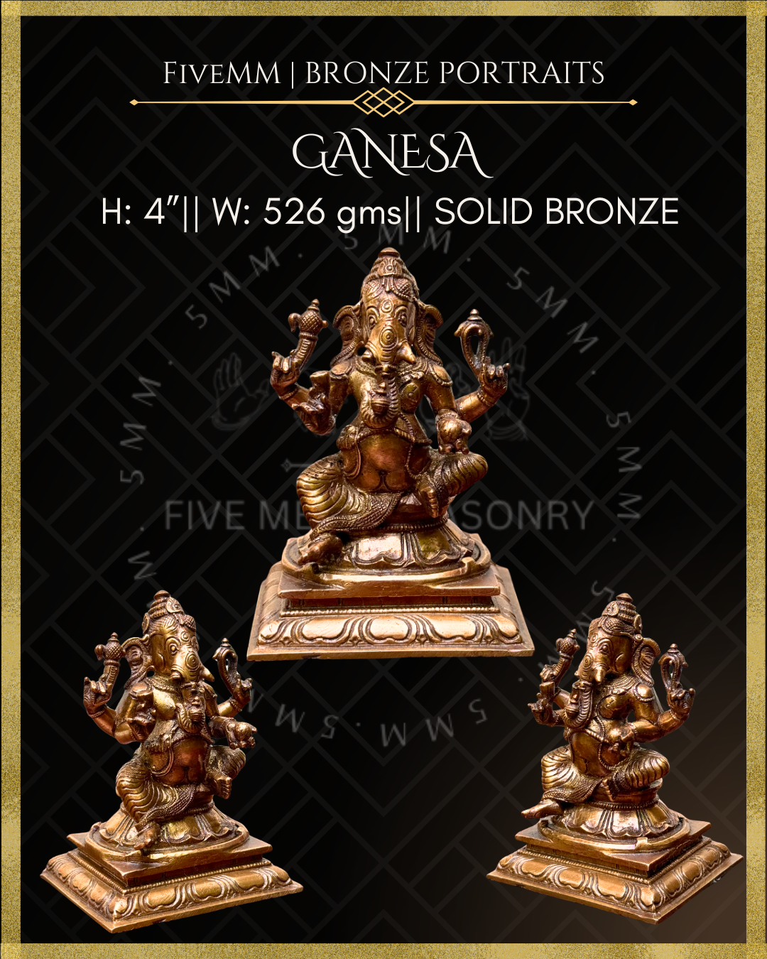 Product dimensions of Handcrafted Ganesha in Panchaloha bronze, silpa-sastra aligned and rooted in the South Indian iconographic tradition. 