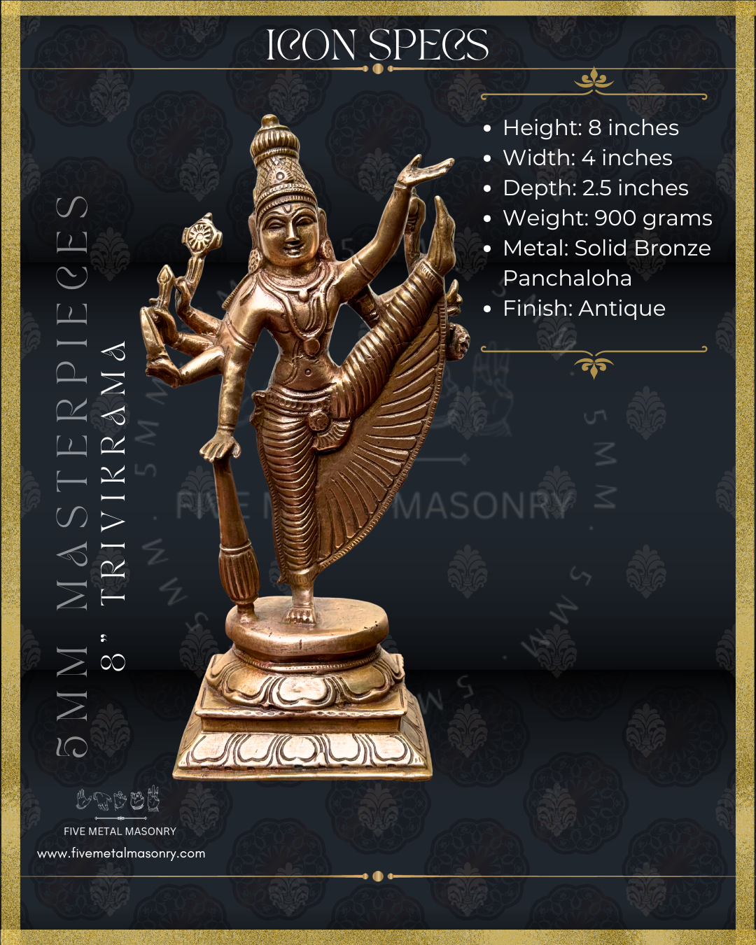Vishnu-Trivikrama-Ulagalantha PerumalPanchaloha Bronze statue – Shilpa Sastra iconography, handcrafted lost wax casting – Dimensions