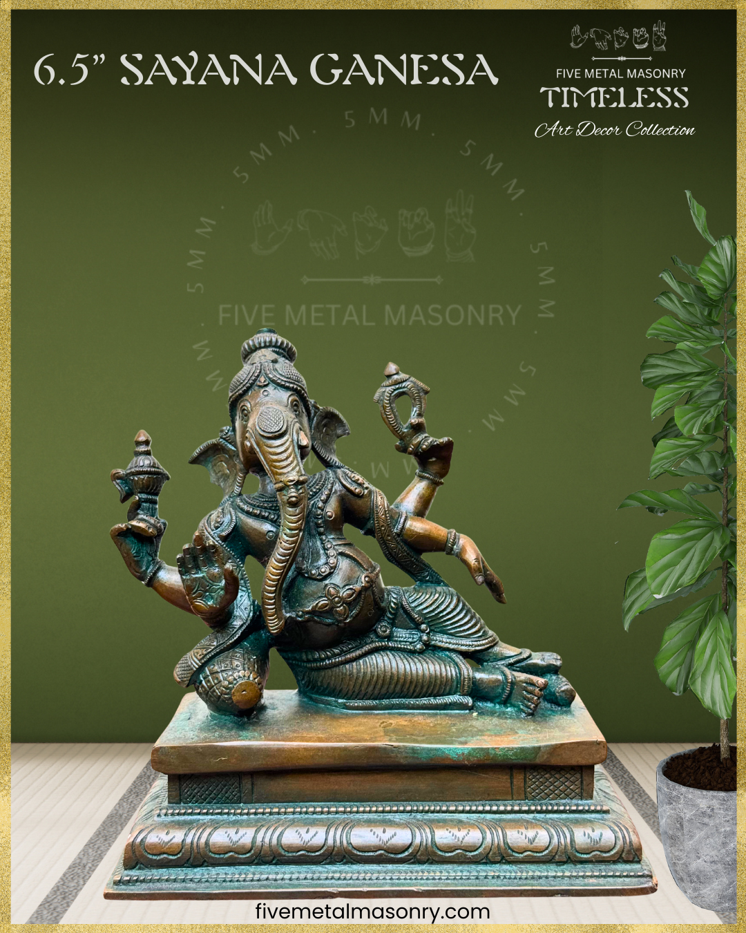 Ganesha reclining Panchaloha Bronze statue – Timeless Collection - Iconography per Shilpa Sastra, Handcrafted lost wax casting – Front view