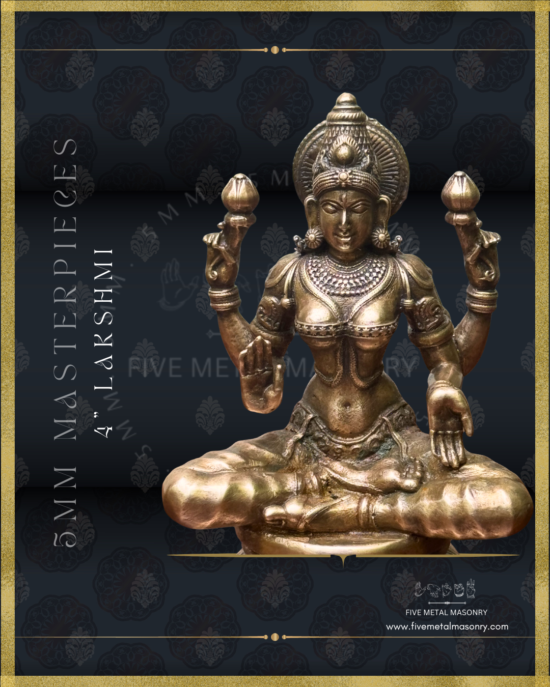 Closeup view of panchaloha bronze seated Lakshmi icon from the Masterpieces collection in padmasana posture, holding lotus buds in the upper hands with lower hands in abhaya and varada hastas, featuring kirita makuta, siraschakra, layered ornamentation in South Indian iconographic style.