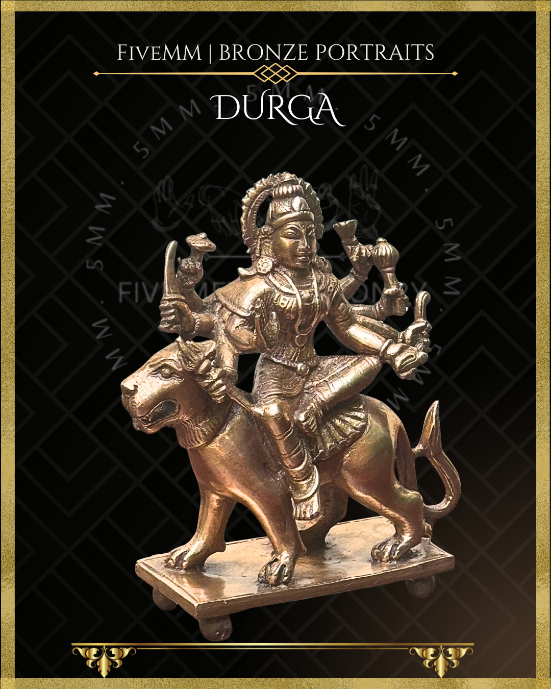 Right profile view of Handcrafted Durga Panchaloha bronze seated in lalitasana on her simha vahana, eight-armed with cakra, khadga, sula, padma, gada, dhanus and sankha, with abhaya mudra, crafted in the South Indian silpa-sastra and traditional iconographic tradition.
