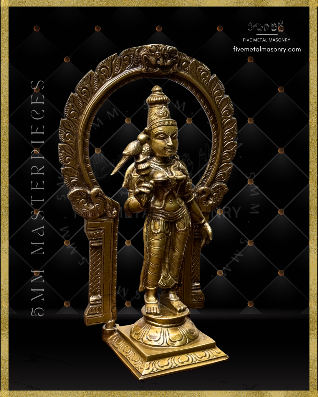 Bronze statue of meenakshi with intricate design on a black background