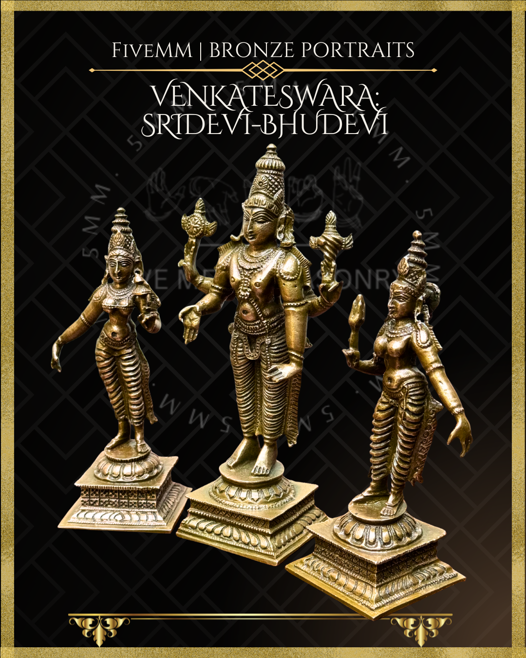Bronze statues of Venkateswara, Sridevi, and Bhudevi on a black background