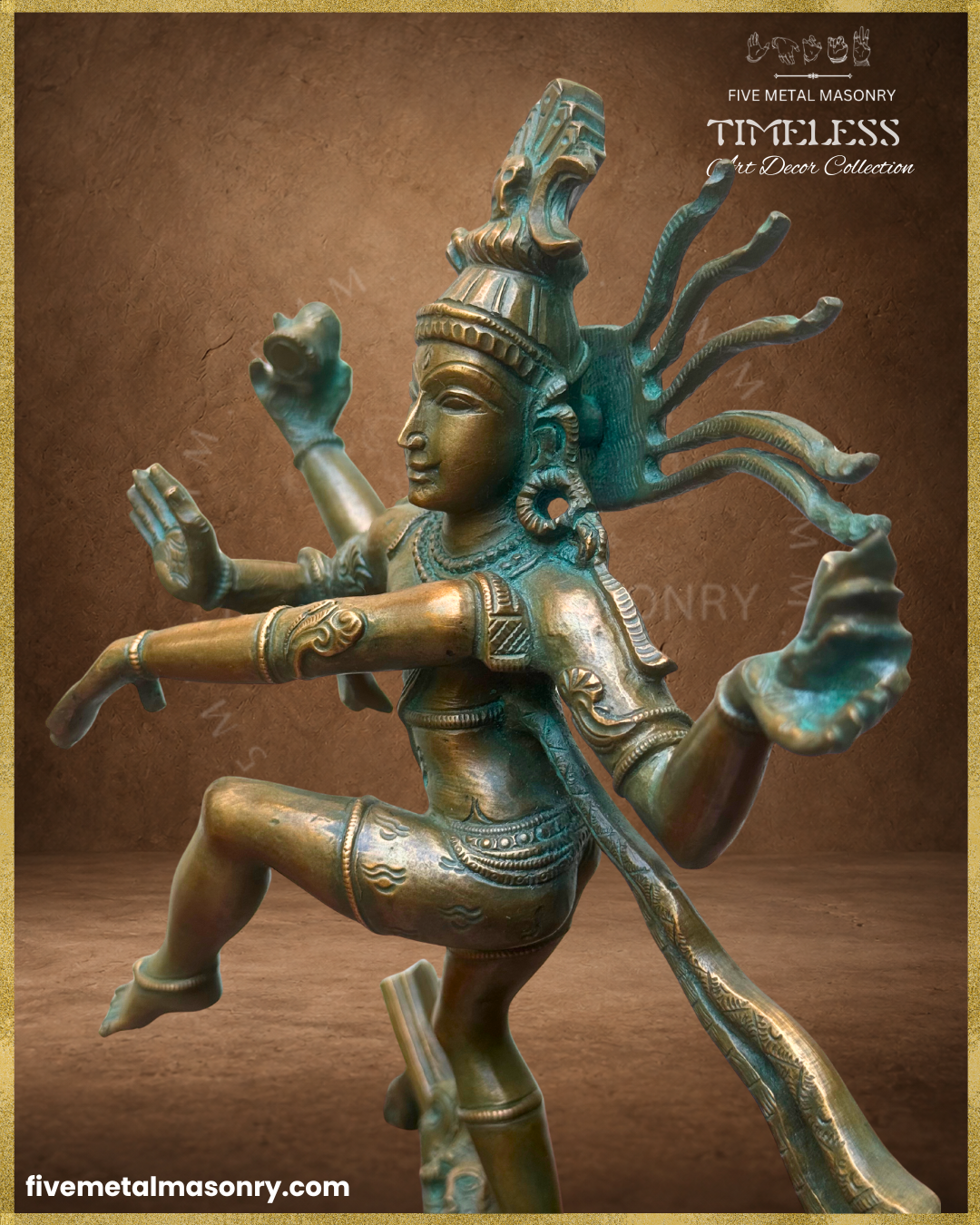 Left three-quarter view of Thiruvalangadu style Nataraja Panchaloha bronze, showing the dynamic ananda-tandava posture, radiating jatas, crescent moon, multiple arms, jewellery and flowing garment details.