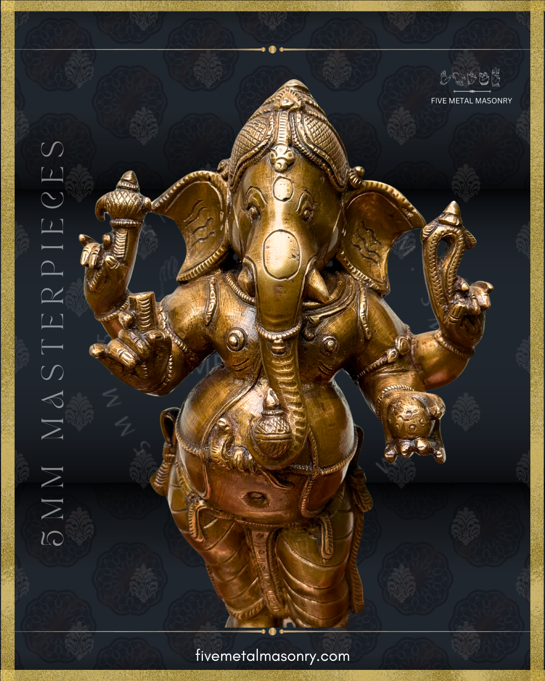 Close-up view of handcrafted Panchaloha bronze standing Ganesha from the Masterpieces collection, showing the four-armed iconography with ankusa, pasa, modaka and broken tusk, central trunk holding a vessel, broad ears, naga udarabandha, ornaments and detailed drapery.