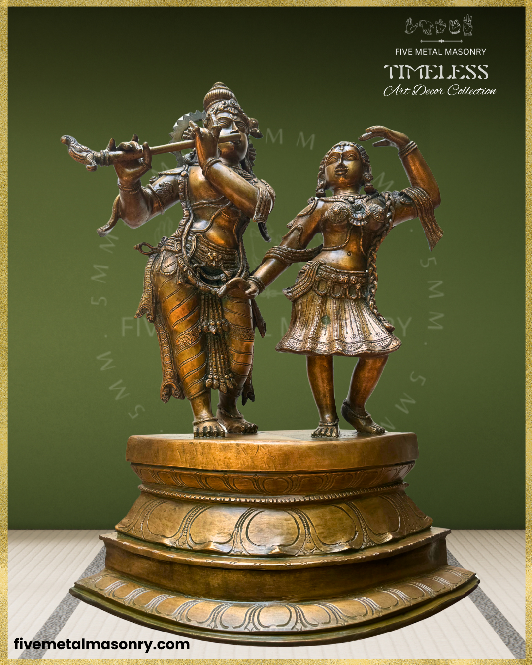 Low-angle frontal view of handcrafted Panchaloha bronze Radha Krishna sculpture from the Timeless Collection, depicting Krishna as Venugopala playing the flute beside Radha in a rhythmic standing pose, with detailed ornaments, drapery and tiered lotus pedestal.