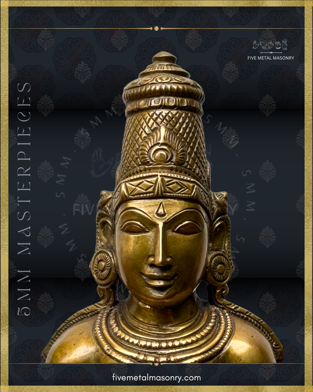 Close-up facial view of a handcrafted Panchaloha bronze Lakshmi statue from the Five Metal Masonry Masterpieces collection, crafted according to Shilpasastra principles, highlighting her refined iconography, serene countenance, sharp nose, prominent agra and ratna kundalas, intricately detailed crown and traditional ornaments.