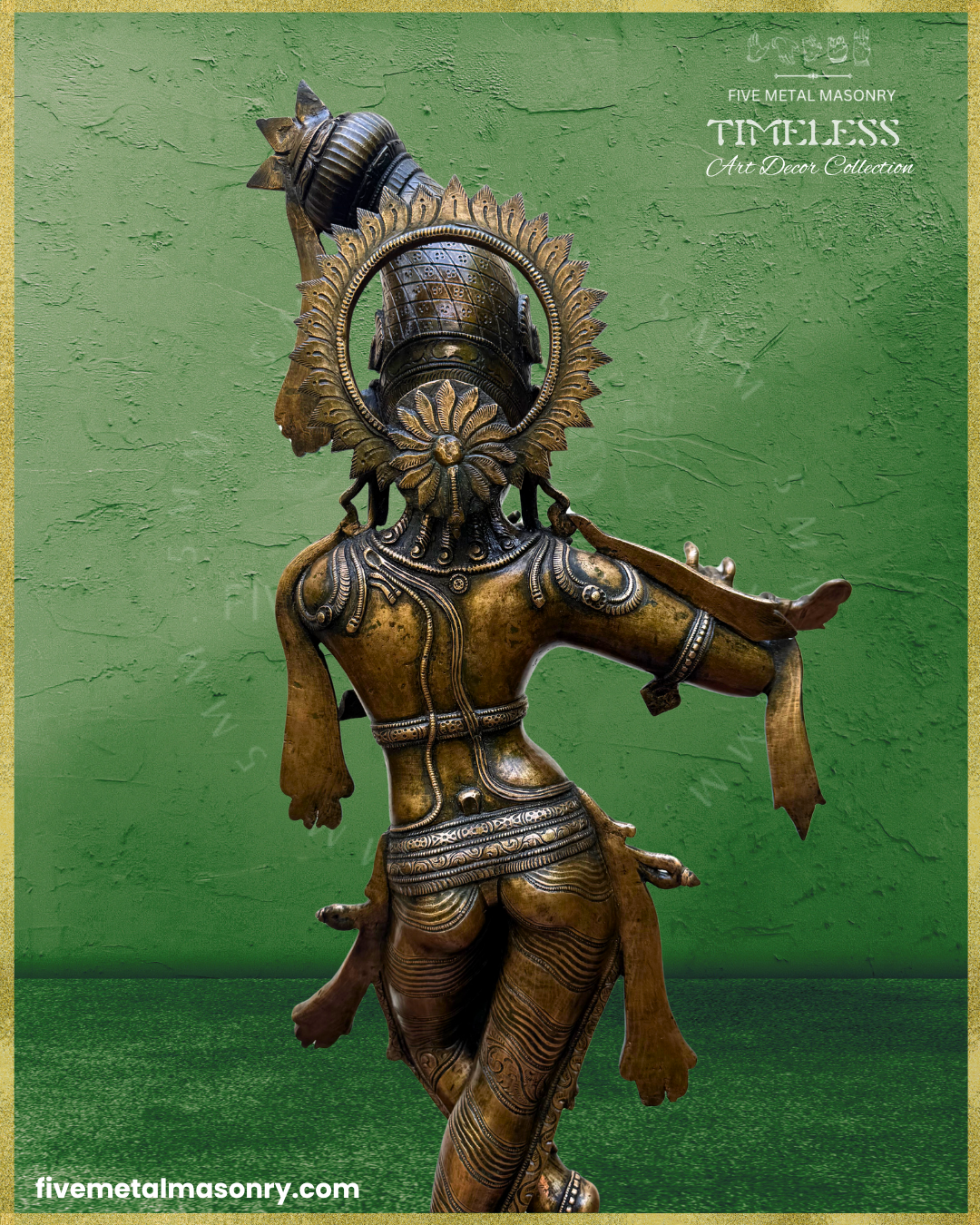 Close-up rear view of handcrafted Panchaloha bronze Venugopala Krishna from Five Metal Masonry’s Timeless Collection, highlighting the ornate siras-chakra, elongated kesa-bandha with peacock feather and floral decorations, flowing tassels, detailed ornaments and Silpasastra-inspired craftsmanship.