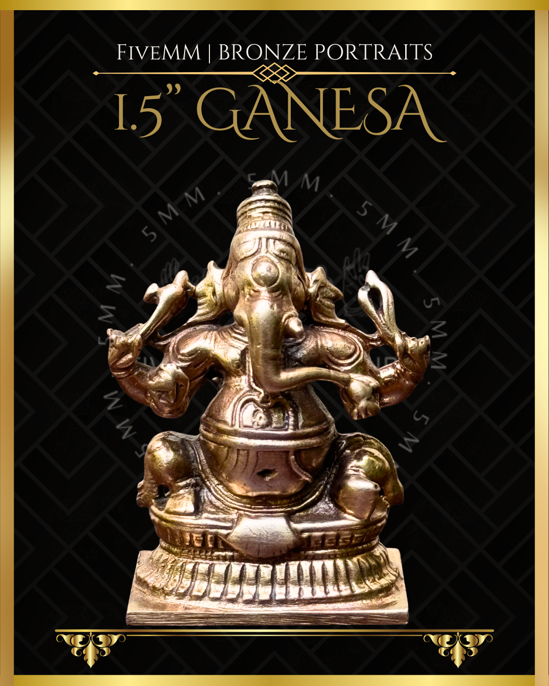 Panchaloha bronze seated Ganesha icon, four armed and holding goad, noose, broken tusk and modaka, featuring elongated trunk, karanda makuta and stylised pedestal in South Indian iconographic tradition.