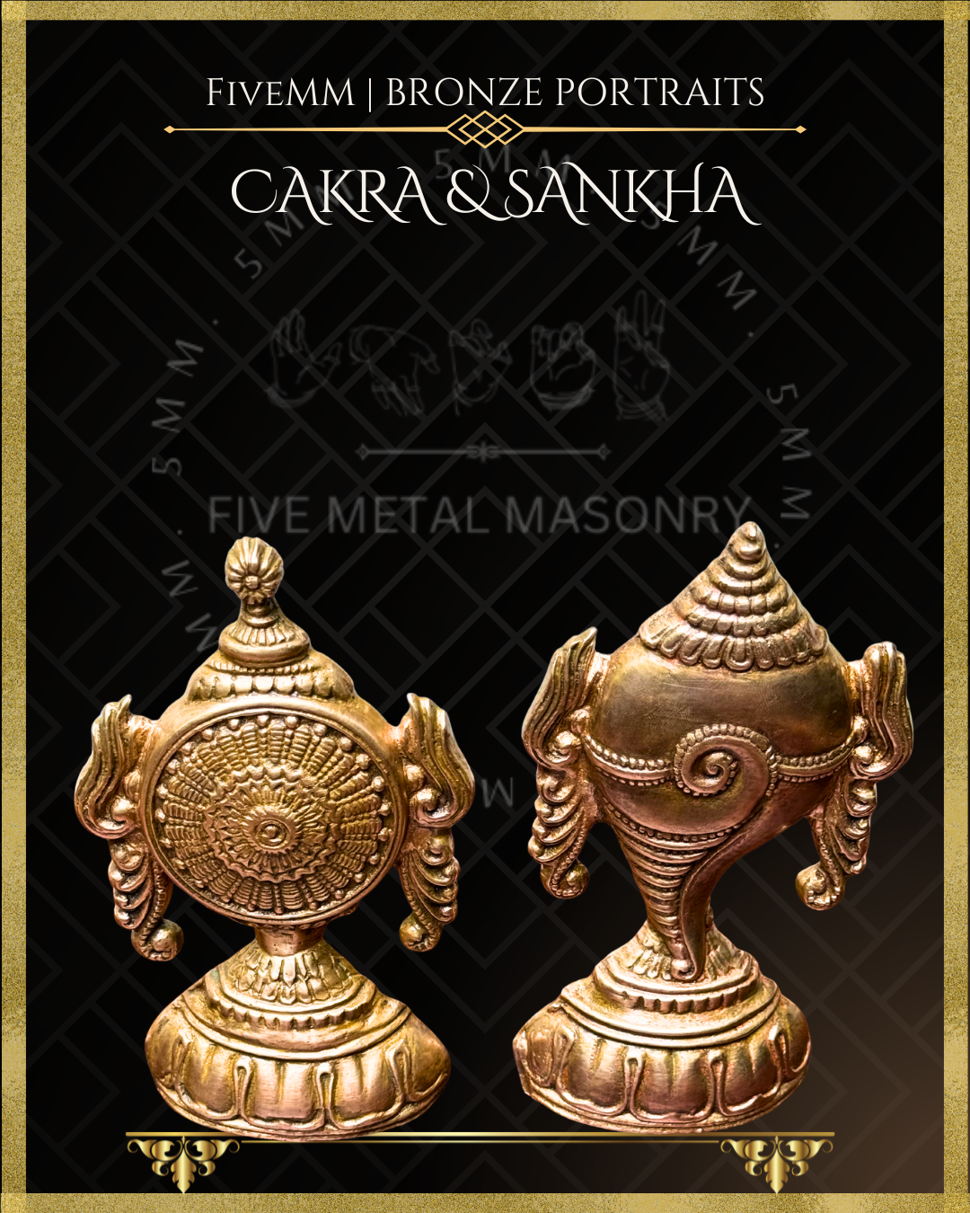 Bronze Panchaloha 3D relief sculptures of Chakra and Sankha with FiveMM branding.