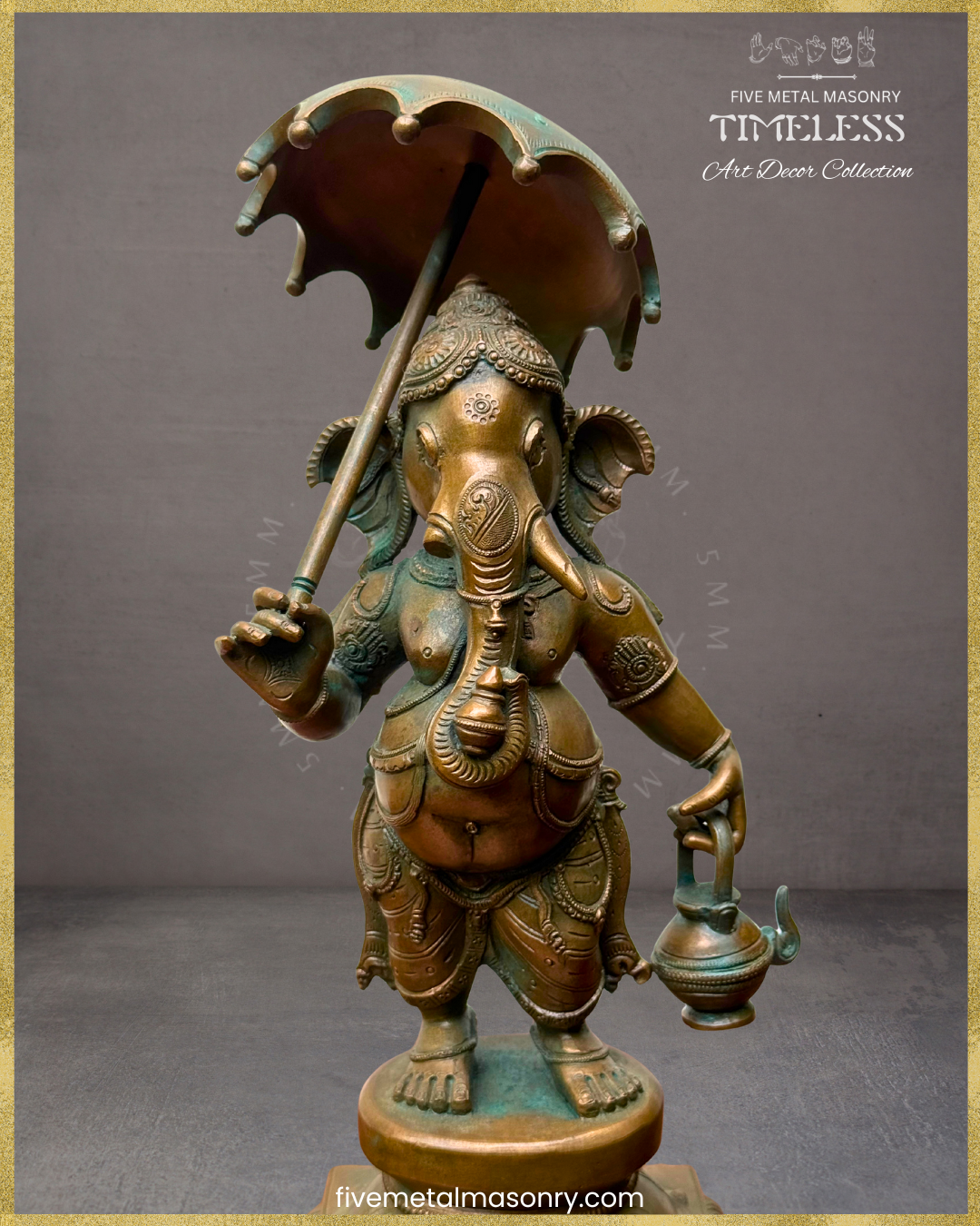 Ganesha with umbrella-Panchaloha Bronze statue – Timeless Collection - Iconography per Shilpa Sastra, Handcrafted lost wax casting – Close view