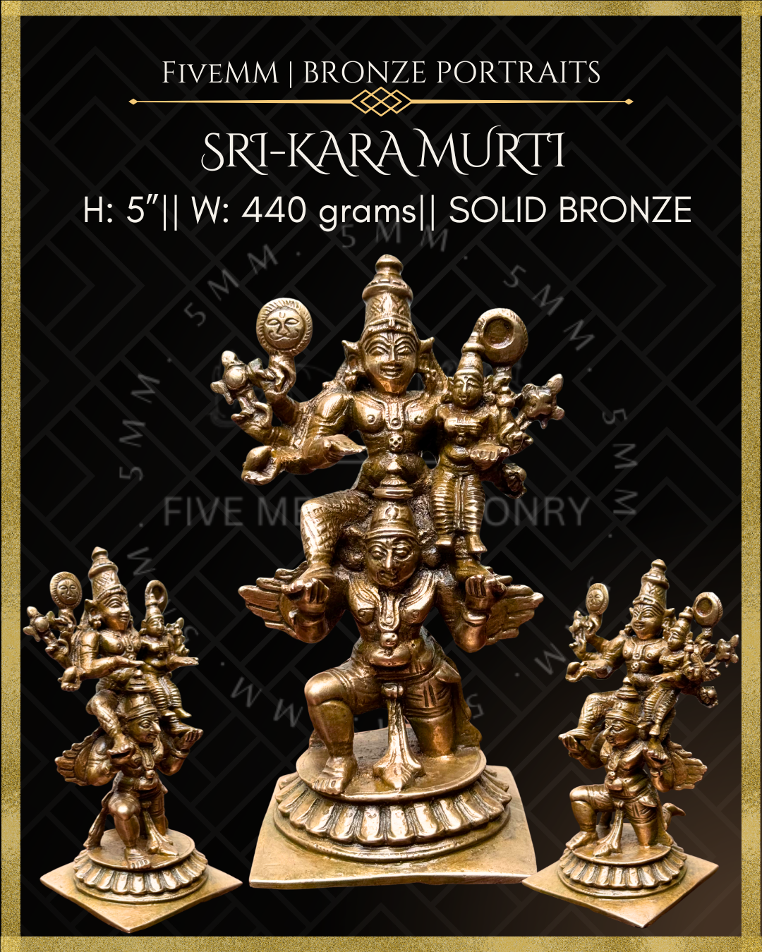 Sri-Kara Murti bronze statue with dimensions and material details on a black background.