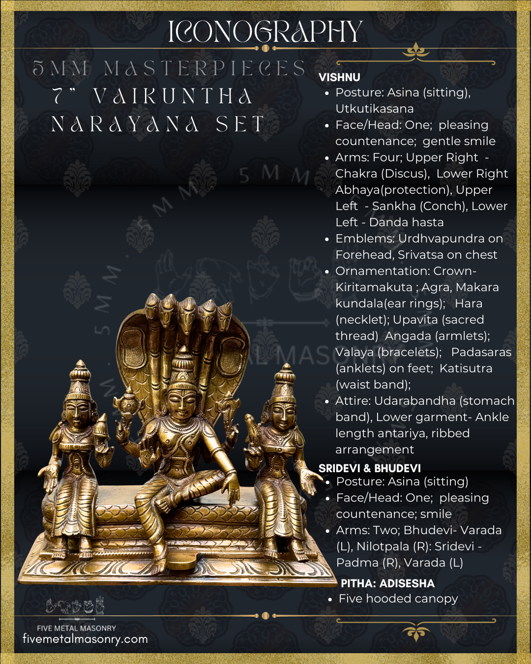 Vaikunta Narayana Set -Panchaloha Bronze statue -  Masterpieces Collection - Iconography per Shilpa Sastra, handcrafted lost wax casting – Iconographic description