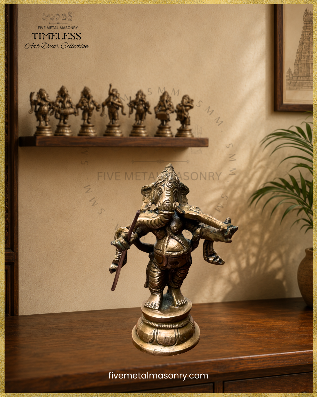 Close-up of a handcrafted panchaloha bronze Ganesha playing the violin, part of the Musical Ganesha Set from the Timeless Collection 
