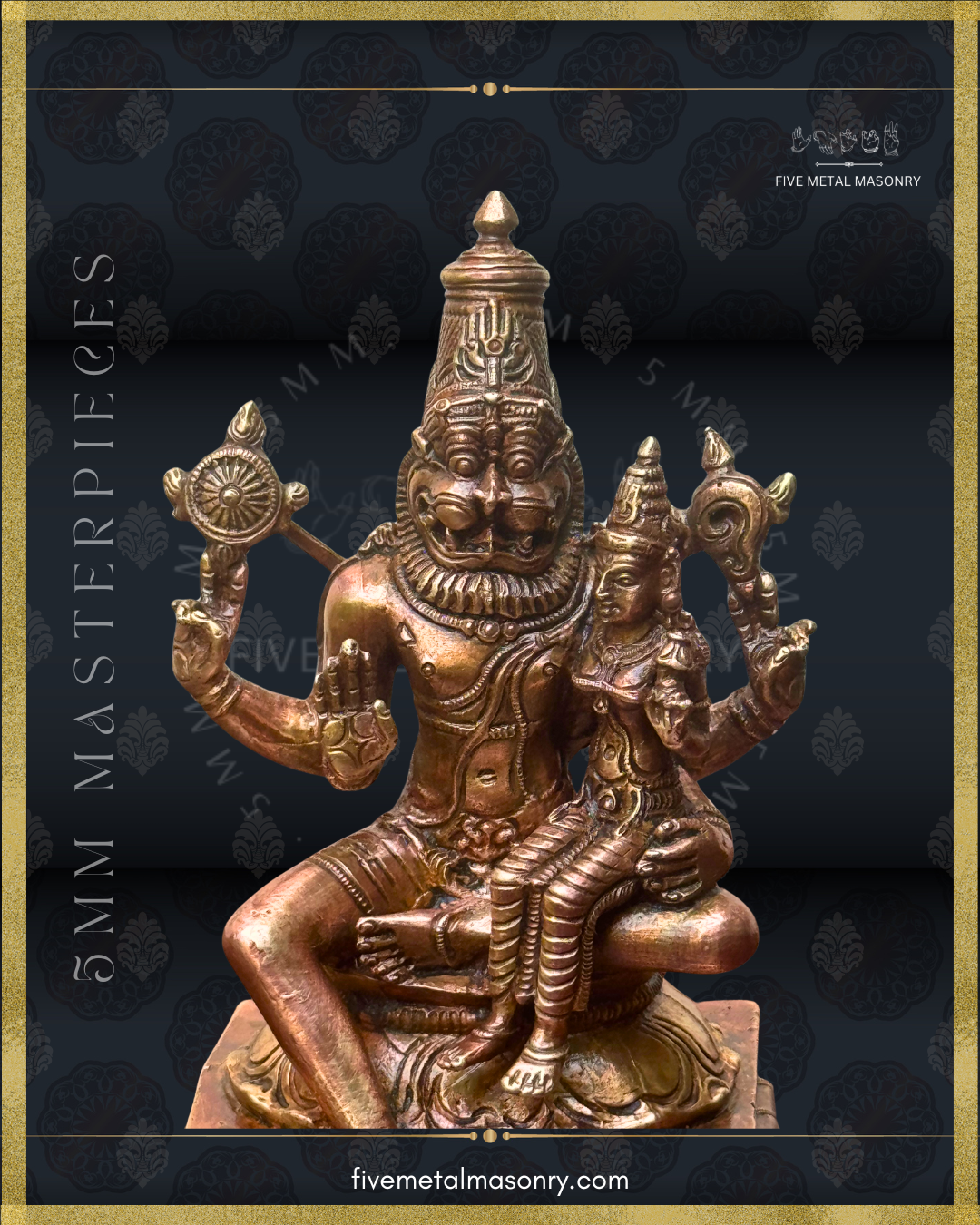 Closer view of handcrafted Lakshmi Narasimha Panchaloha bronze from the Masterpieces Collection, highlighting silpa-sastra based South Indian iconographic tradition, with Narasimha holding cakra and sankha in the upper hands, abhaya in the lower right, and supporting Lakshmi with the lower left hand.