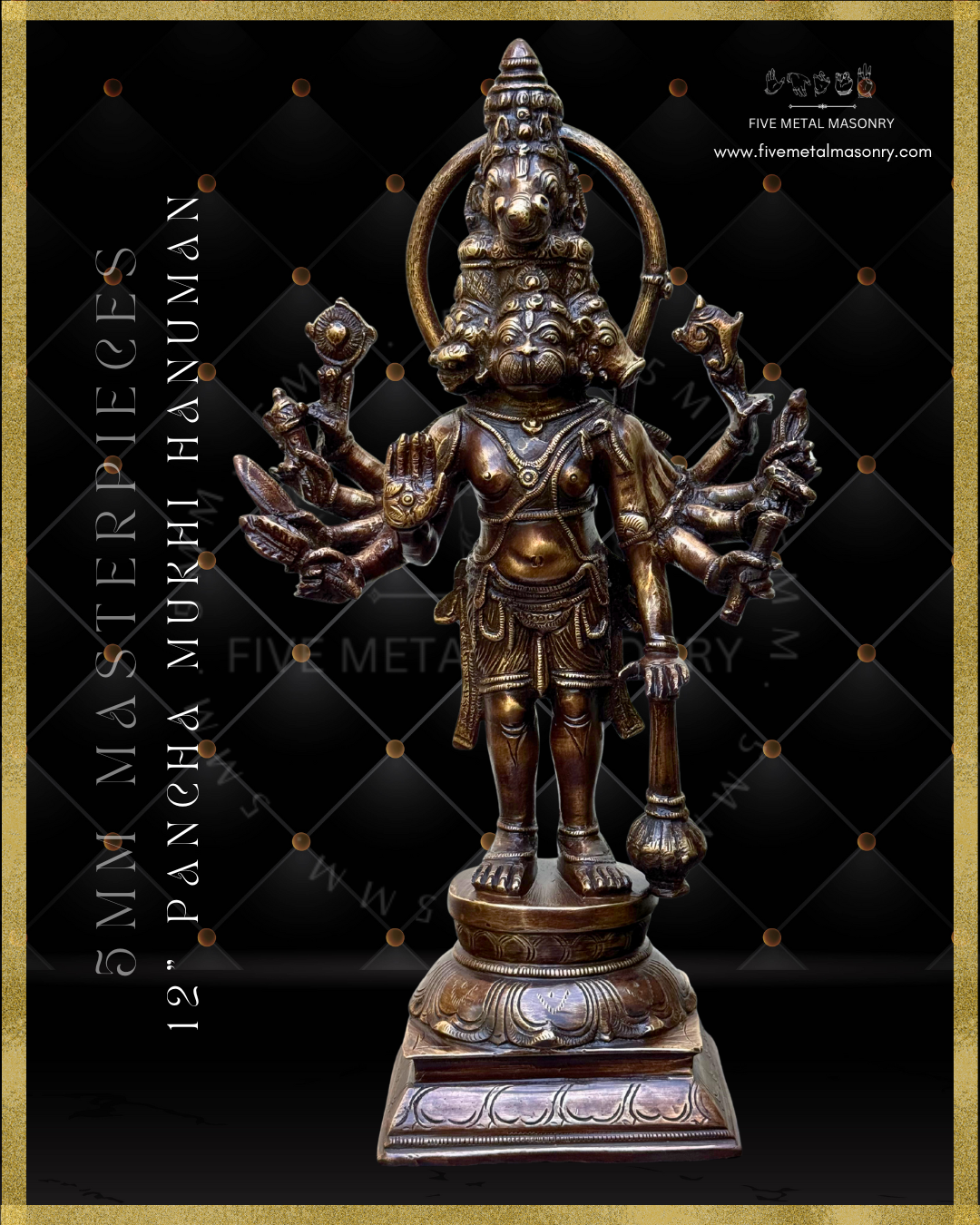 Panch Mukhi Hanuman Panchaloha Bronze statue -  Masterpieces Collection - Iconography per Shilpa Sastra, handcrafted lost wax casting – Front view