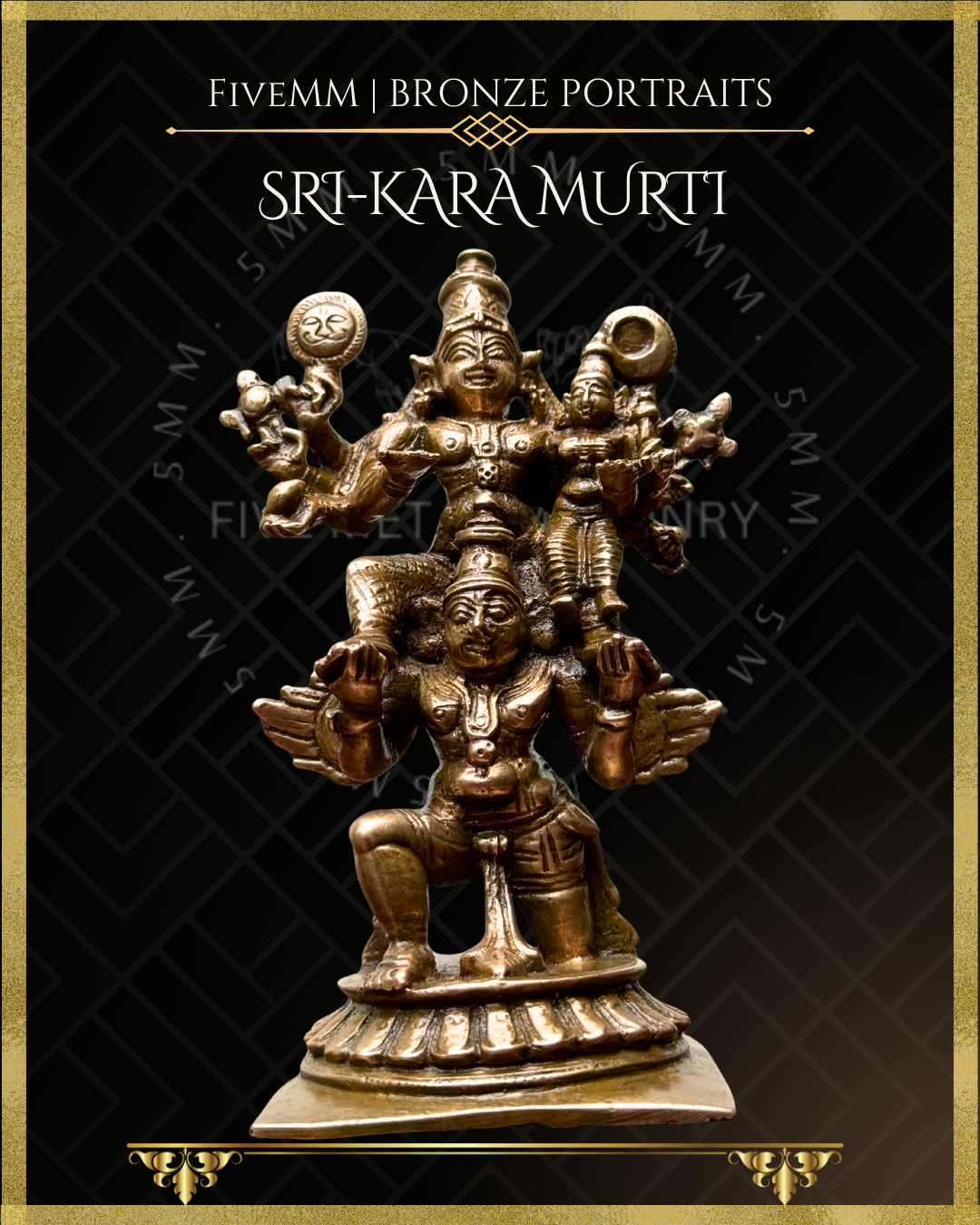 Bronze Panchaloha statue of Vishnu with Lakshmi seated on Garuda in black background