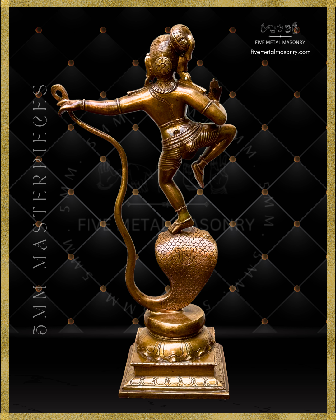 Rear view of handcrafted Panchaloha bronze of Kaliya Tandava Krishna from our Masterpieces Collection, depicting Krishna dancing on the multi-hooded serpent Kaliya and holding his curving tail, aligned with Silpa Sastra principles and South Indian iconographic tradition.