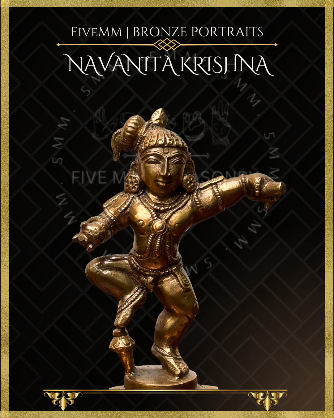 Close-up view of handcrafted Panchaloha Navanita Krishna bronze icon, depicting Bala Krishna dancing with butter in his hands, with expressive facial features, traditional coiffure, detailed ornaments and Silpasastra-inspired craftsmanship.