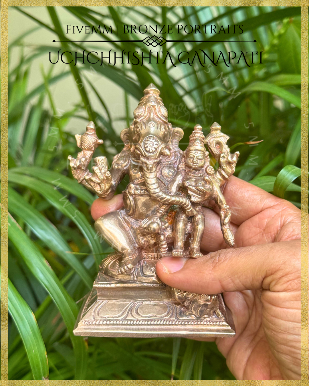 Handheld view of Handcrafted Panchaloha bronze Uchchhishta Ganapati, silpa-sastra aligned and rooted in the South Indian iconographic tradition, depicted seated with Devi on his lap, multiple arms bearing attributes, detailed ornaments and musika vahana at the pedestal.