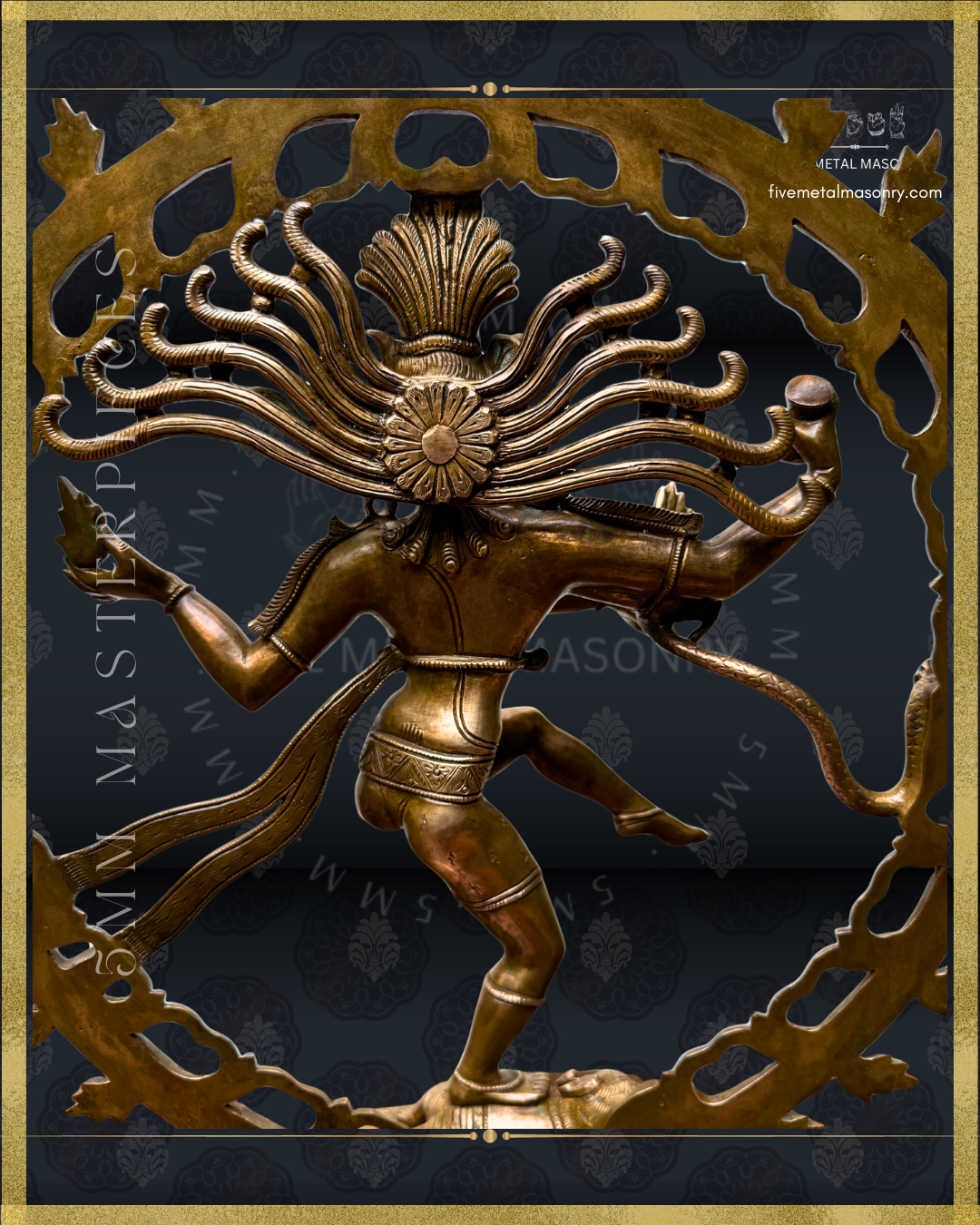 Rear view of a Panchaloha bronze Nataraja icon from the 5MM Masterpieces collection, highlighting the radiating jata, flowing sash, dynamic dancing posture, prabhamandala, and sculptural detailing in the South Indian iconographic tradition.
