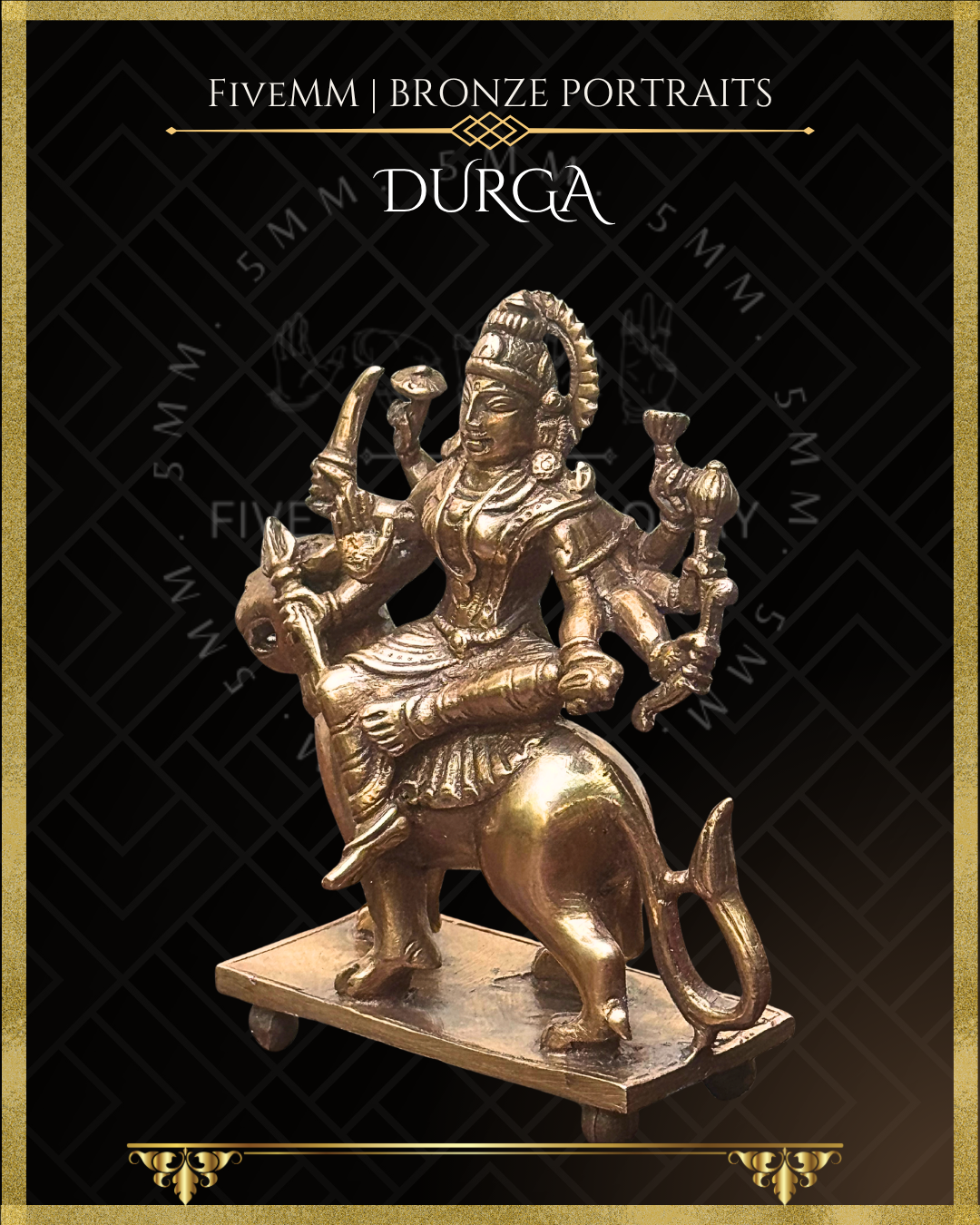 Left profile view of Handcrafted Durga Panchaloha bronze seated in lalitasana on her simha vahana, eight-armed with cakra, khadga, sula, padma, gada, dhanus and sankha, with abhaya mudra, crafted in the South Indian silpa-sastra and traditional iconographic tradition.