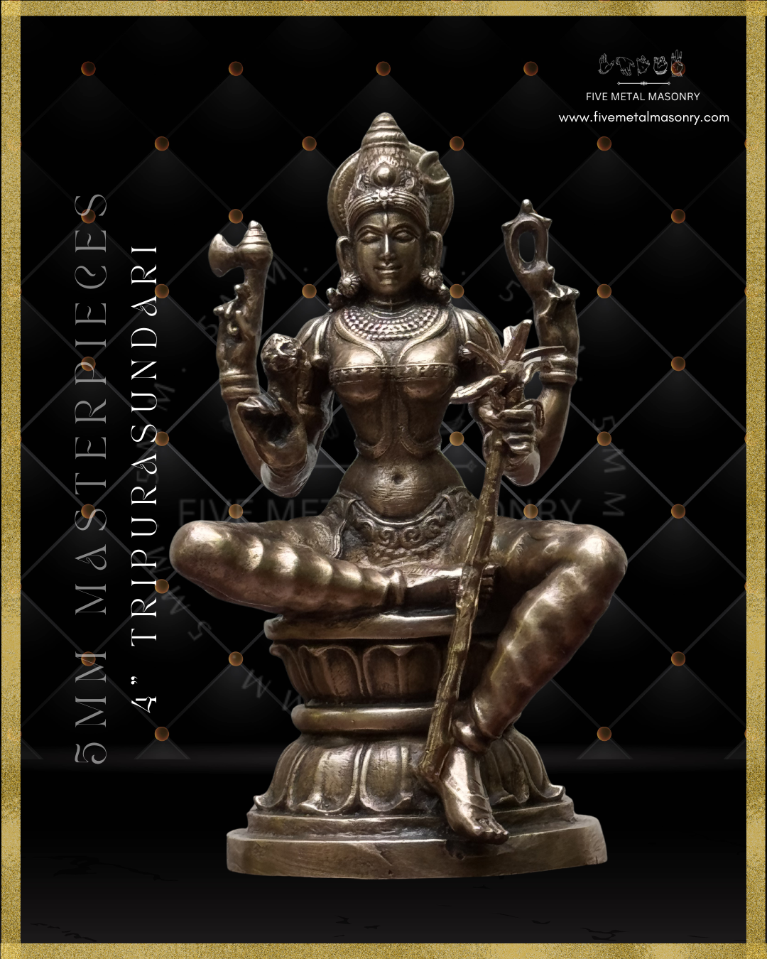 Projection view of panchaloha bronze seated Lalitha Tripurasundari icon from the Masterpieces collection, four armed, holding sugarcane bow, flower arrows, noose and goad, featuring kirita makuta, siraschakra, layered ornamentation and lotus pedestal in South Indian iconographic style