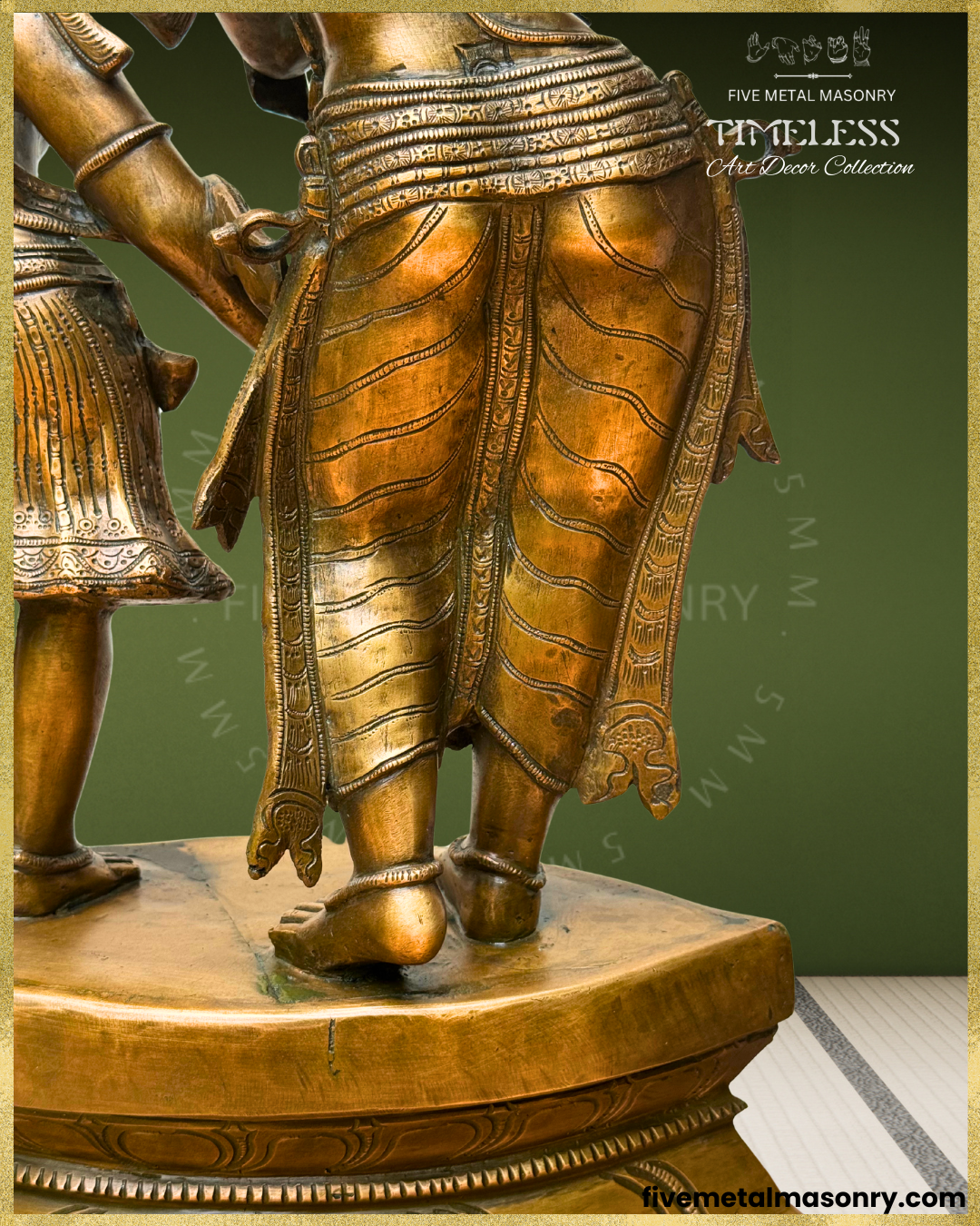 Rear close-up view of handcrafted Panchaloha bronze Krishna as Venugopala from the Timeless Collection, highlighting the finely worked lower garment with patterned borders, layered waistbands, flowing side drapes, anklets and flexed-leg stance.