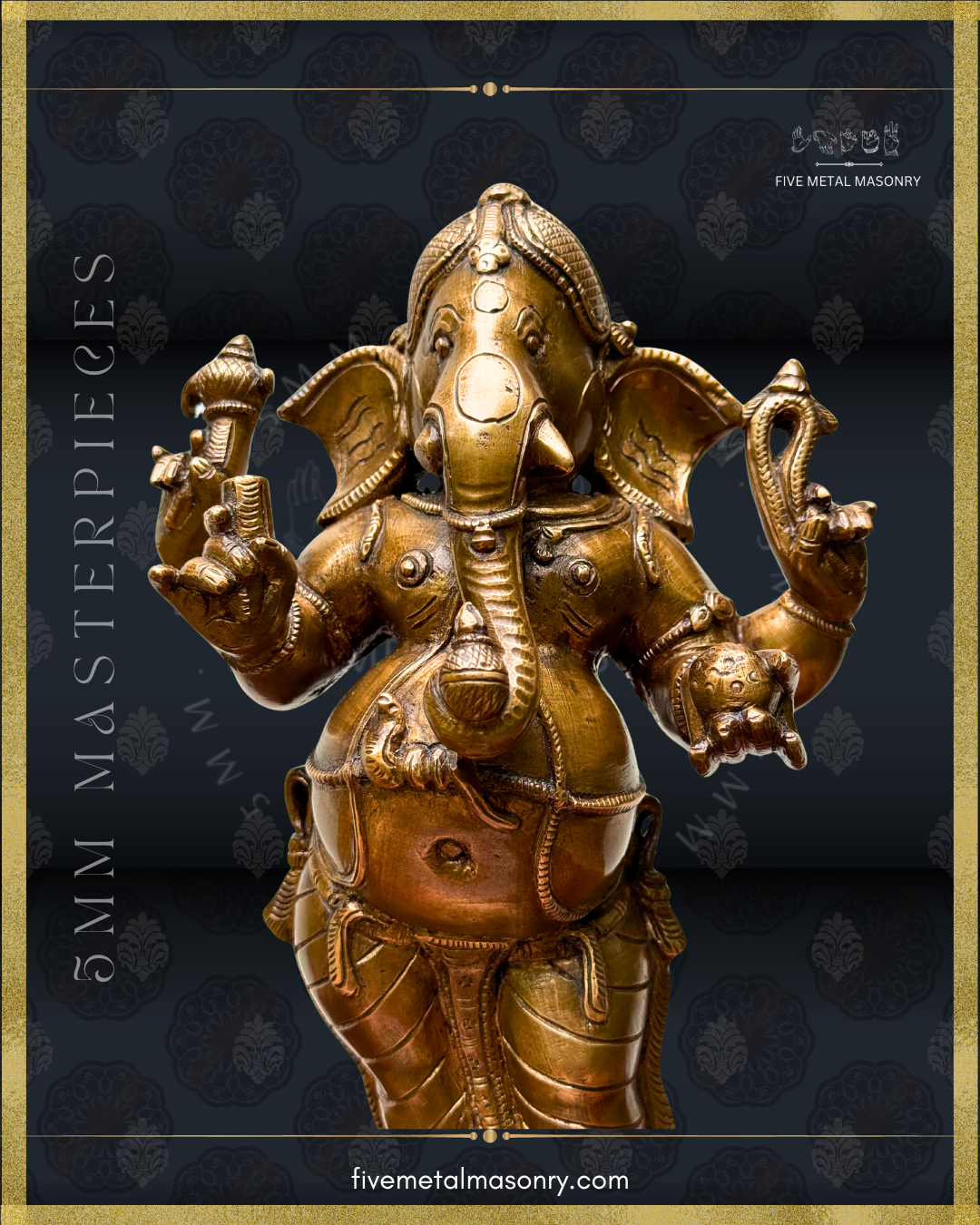 Close-up view of handcrafted Panchaloha bronze standing Ganesha from the Masterpieces collection, showing the four-armed iconography with ankusa, pasa, modaka and broken tusk, central trunk holding a vessel, broad ears, naga udarabandha, ornaments and detailed drapery.