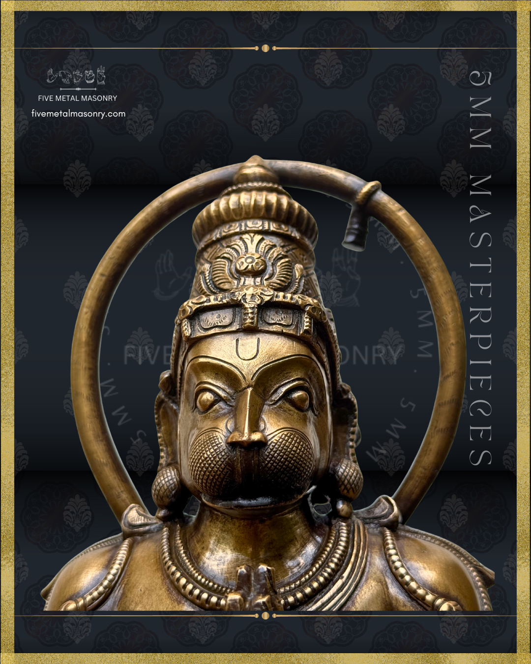 Bronze statue of Hanuman with intricate details on a dark background with gold accents