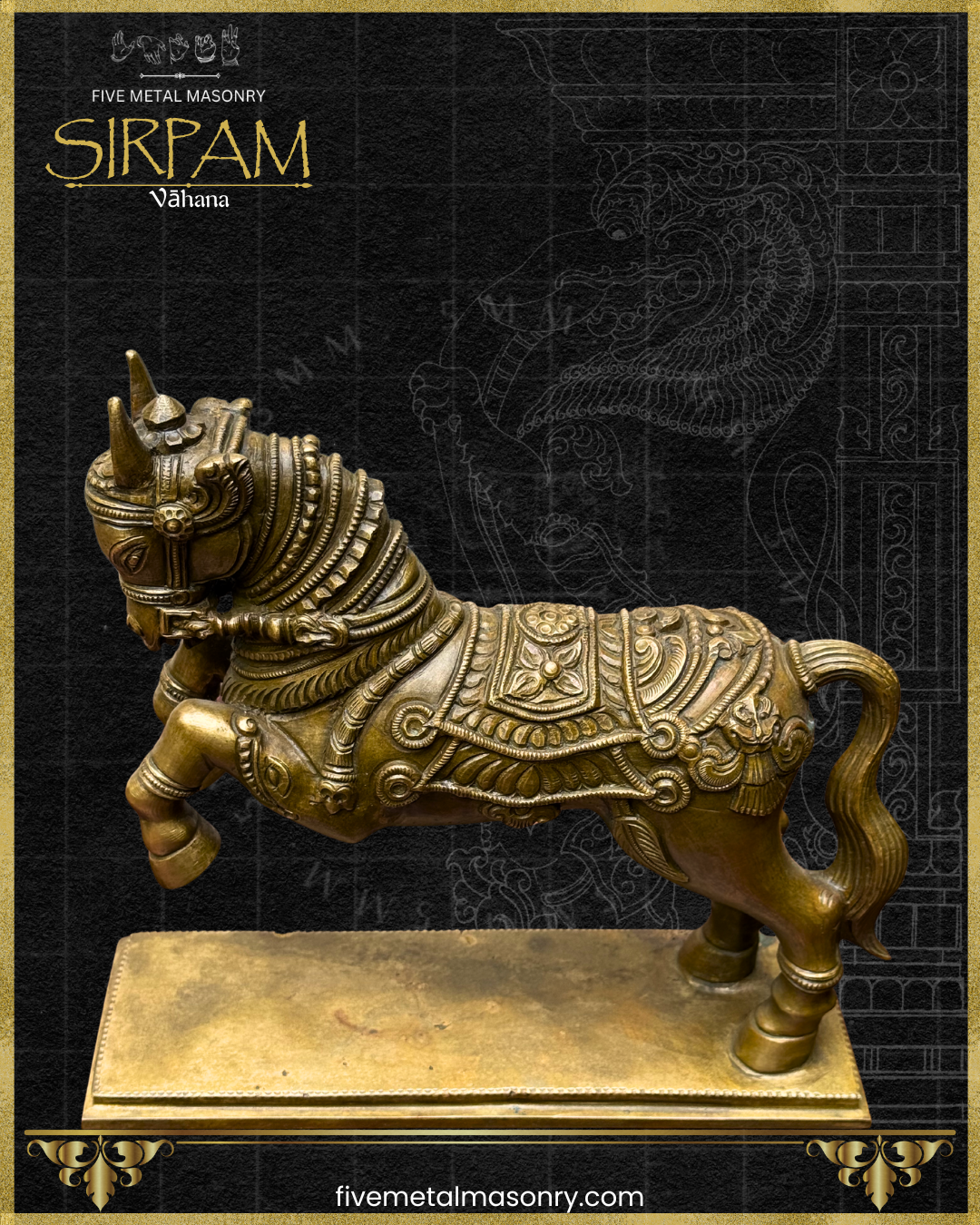 Decorative bronze horse sculpture on a black background with intricate designs