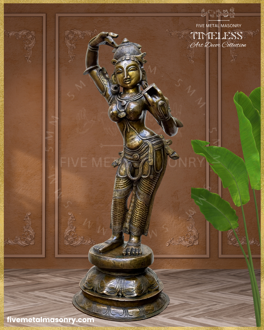 Left profile view of Handcrafted Panchaloha bronze icon of Darpana Sundari from the Timeless Collection, depicted in graceful tribhanga holding a mirror, adorned with elaborate jewellery, ornate lower garment, and antique patina on a lotus pedestal.