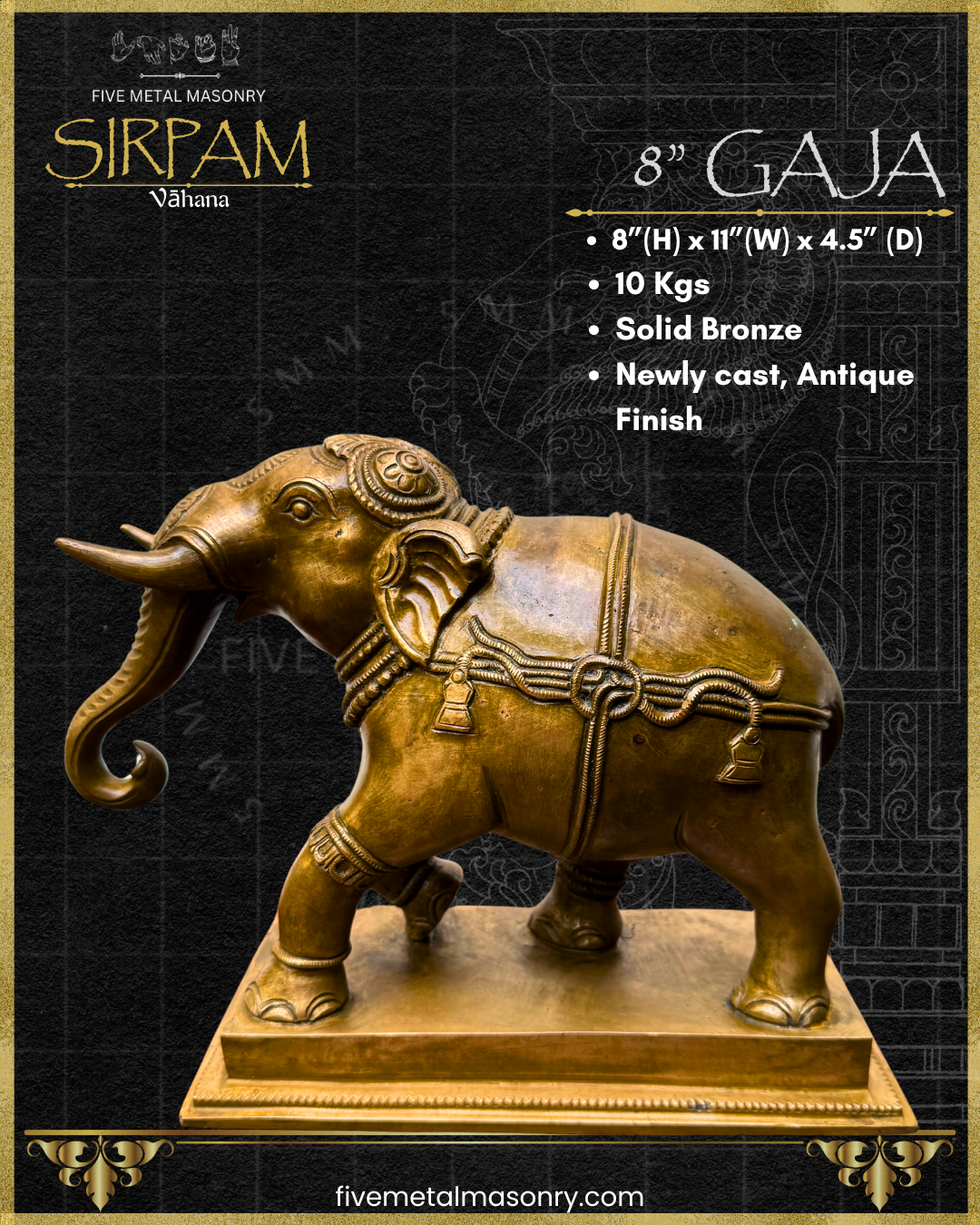 Bronze elephant statue with detailed design on a black background, featuring product details.