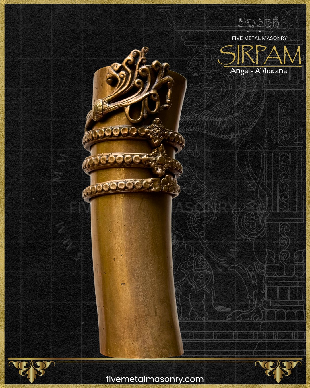 Projected view of Handcrafted panchaloha bronze sculpture of the Bahu (arm) with ornate Angada armlet and Bahu Valaya arm bangles from the Sirpam Anga Abharana collection by Five Metal Masonry.