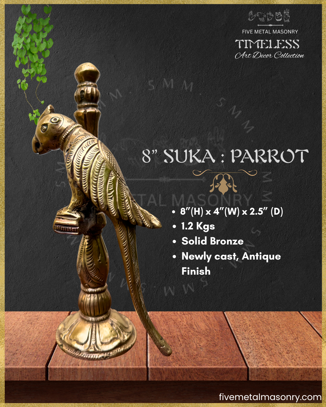 Bronze parrot sculpture with product details on a black background.