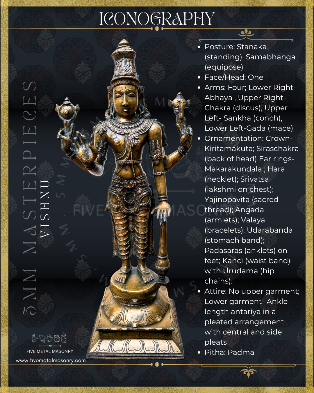 Iconographic description of Handcrafted Vishnu Panchaloha bronze statue crafted with detailed South Indian iconography in the silpa-sastra tradition.