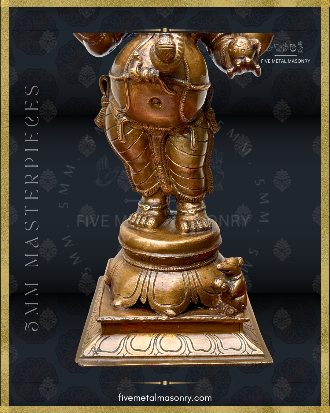 Close-up view of the lower half of the handcrafted Panchaloha bronze standing Ganesha from the Masterpieces collection, showing the naga udarabandha, layered lower garment, anklets, lotus pedestal and musika vahana positioned beside the base.