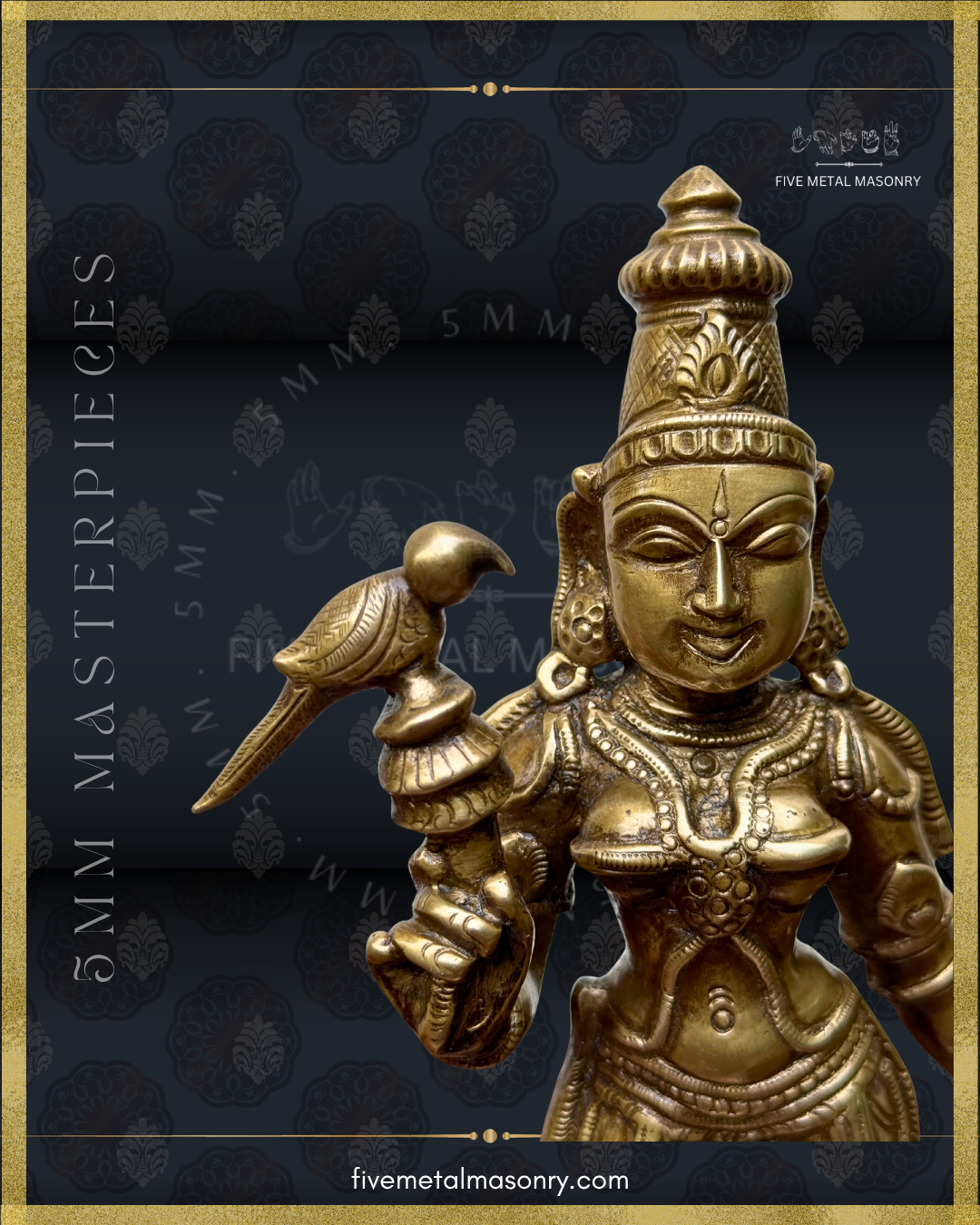 Panchaloha Bronze statue of meenakshi with a parrot on a dark background with 'Five Metal Masonry' branding.