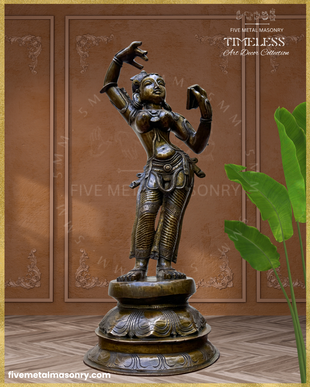Projected view of Handcrafted Panchaloha bronze icon of Darpana Sundari from the Timeless Collection, depicted in graceful tribhanga holding a mirror, adorned with elaborate jewellery, ornate lower garment, and antique patina on a lotus pedestal.
