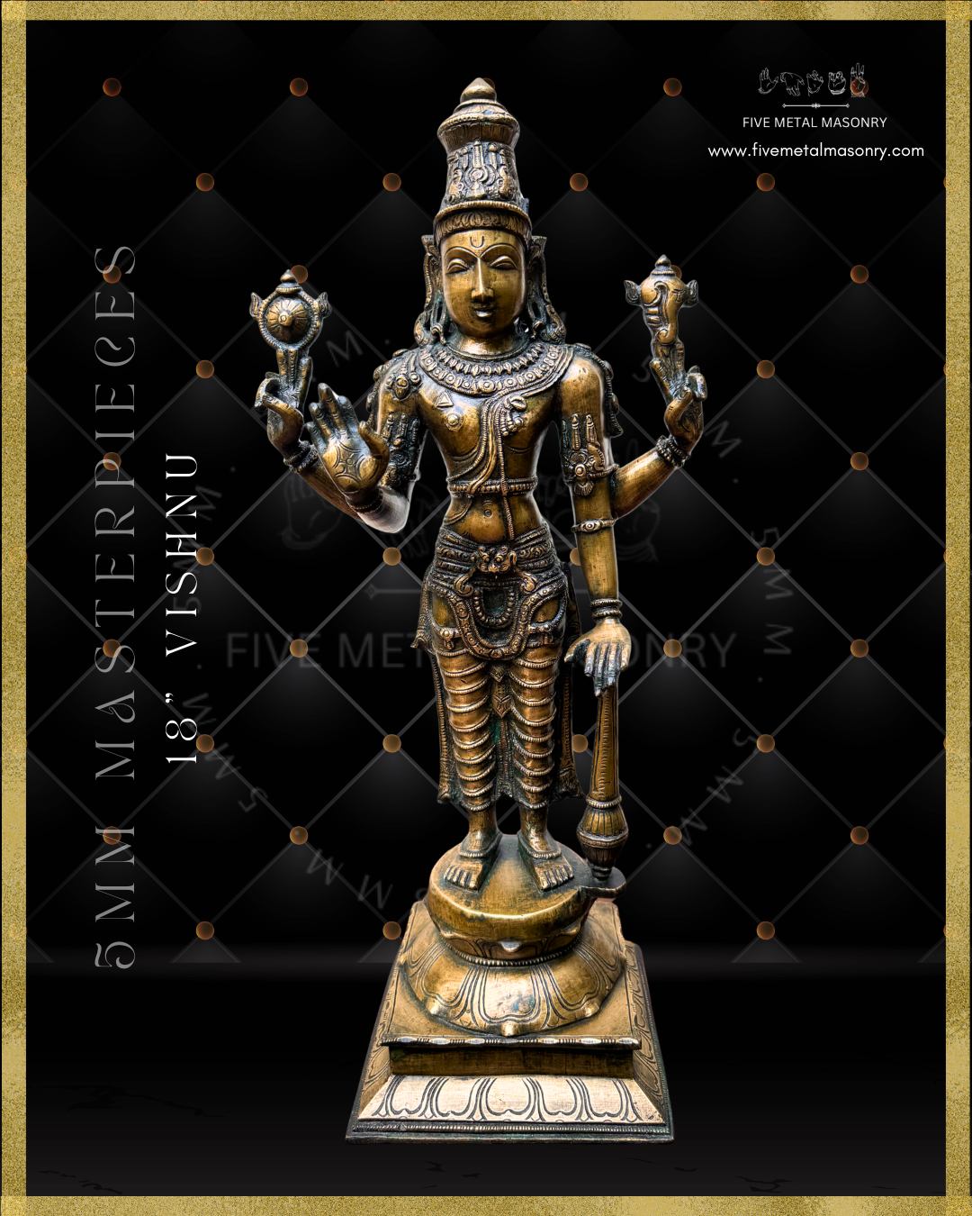 Front view of Handcrafted Vishnu Panchaloha bronze statue with four arms holding cakra and sankha, abhaya mudra and gada, crafted with detailed South Indian iconography in the silpa-sastra tradition.