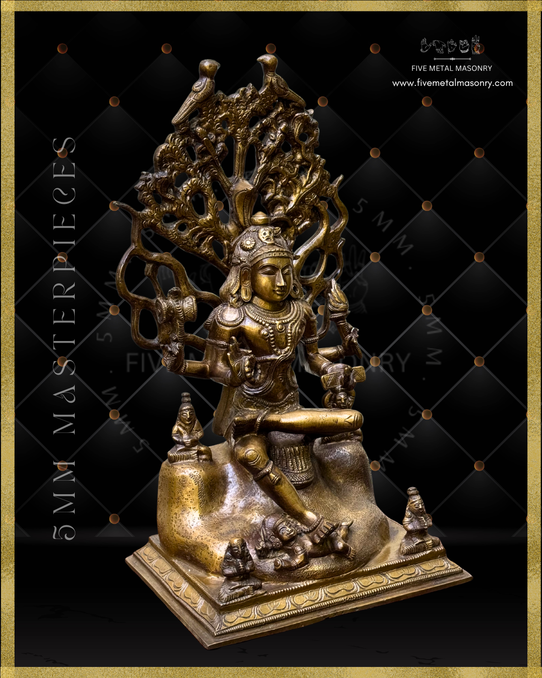 Right profile view of Handcrafted Panchaloha bronze Dakshinamurti statue, crafted according to Shilpasastra principles, featuring traditional South Indian iconography of Shiva as the divine teacher seated beneath the banyan tree with sages and Apasmara.