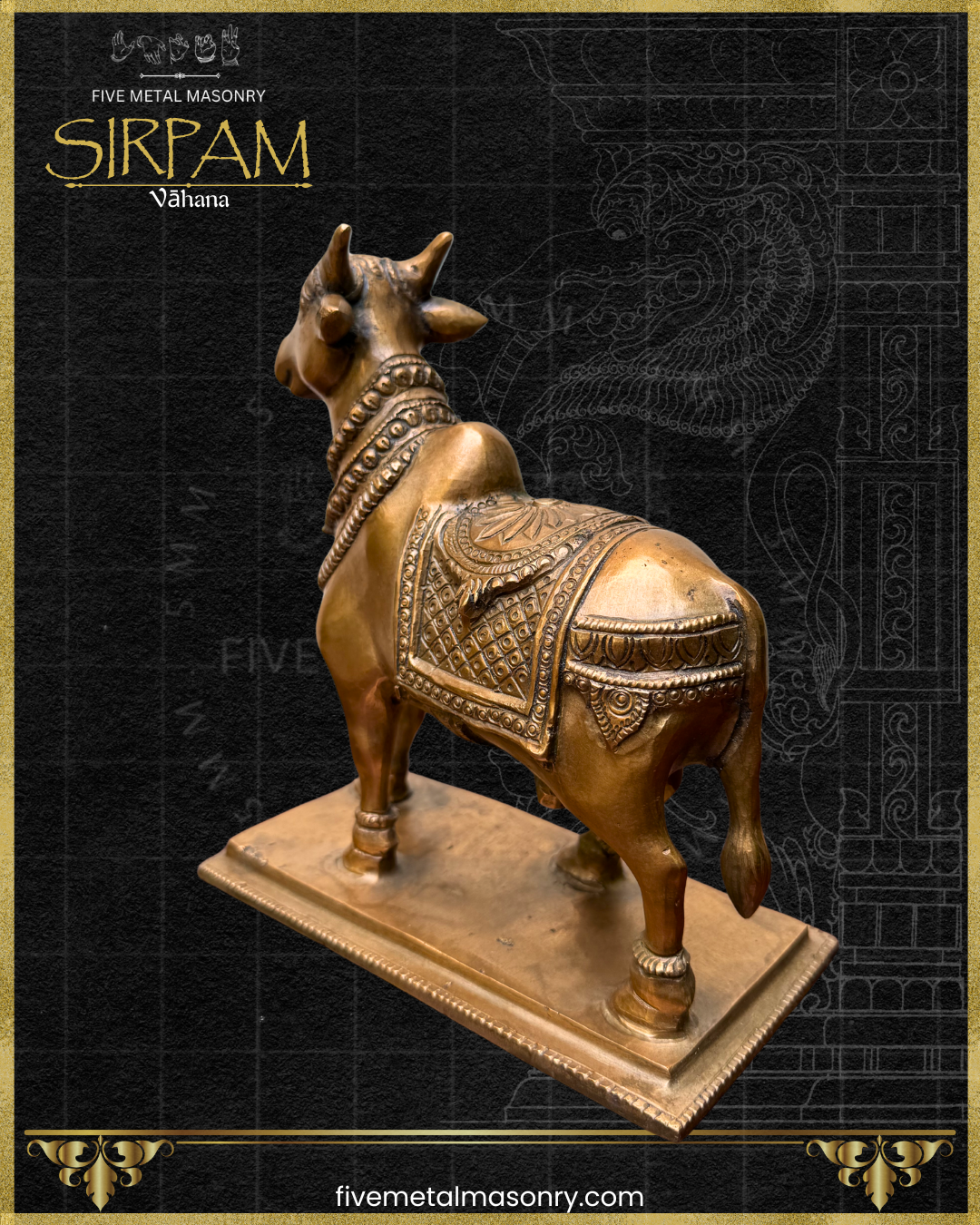 Rear side view of handcrafted panchaloha bronze Vrsabha (Nandi) statue from the Sirpam Collection, standing on a pedestal with an ornate decorative saddle cloth, layered neck ornaments, and finely modelled features in the South Indian iconographic tradition.