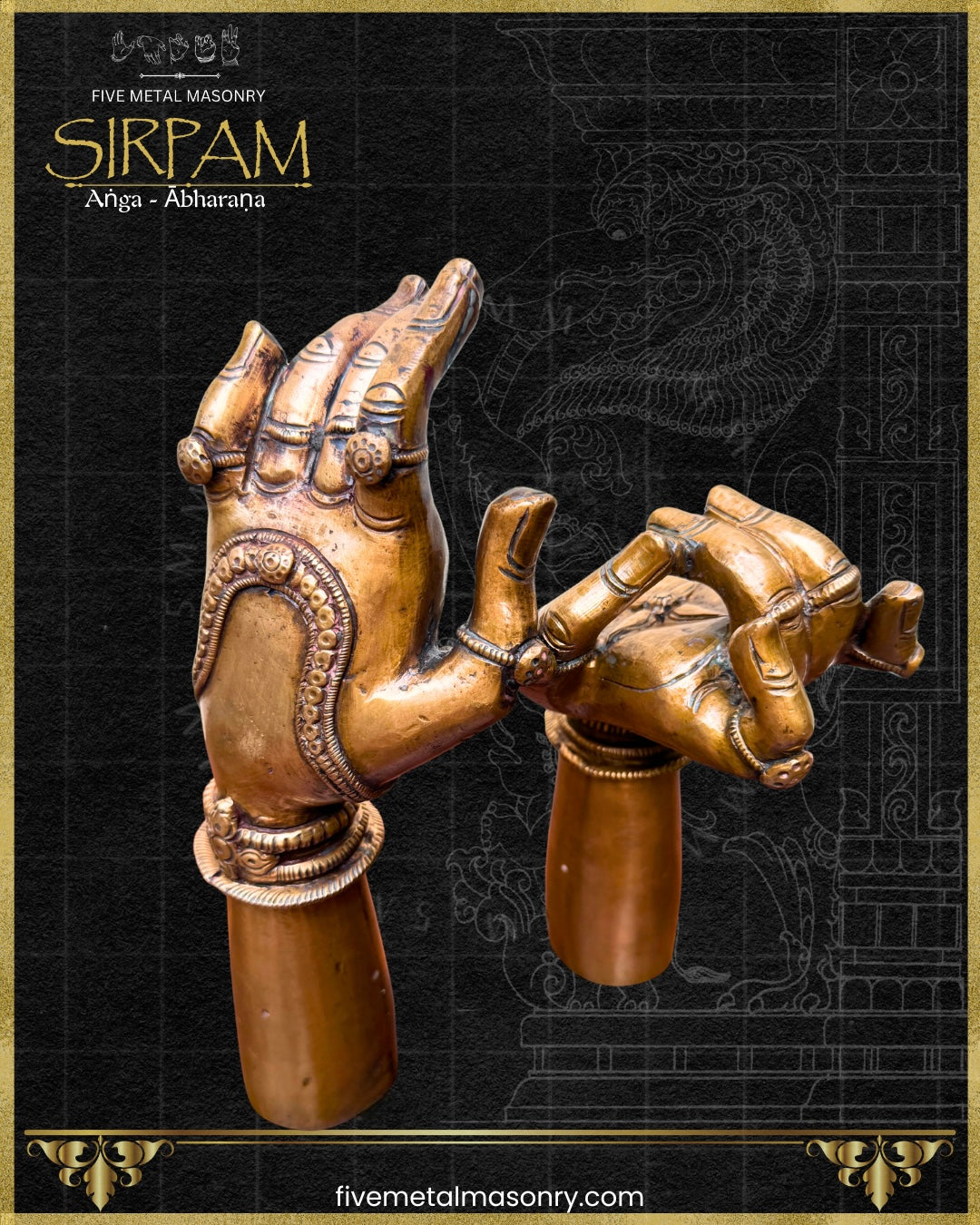 Decorative bronze hand sculpture with intricate jewellery details on a black background, from Five Metal Masonry’s Sirpam collection