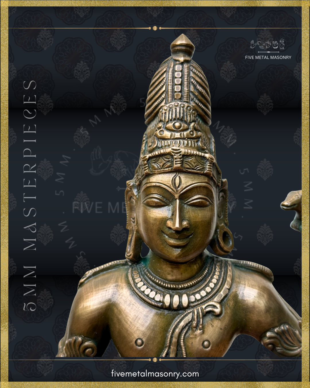 Close-up of Vinadhara Shiva handcrafted Panchaloha bronze sculpture featuring a serene smile, elongated eyes, tall jata makuta with central trinetra motif, patra kundala, layered necklaces and refined Chola-style facial modeling, from the Masterpieces collection inspired by South Indian iconographic traditions.